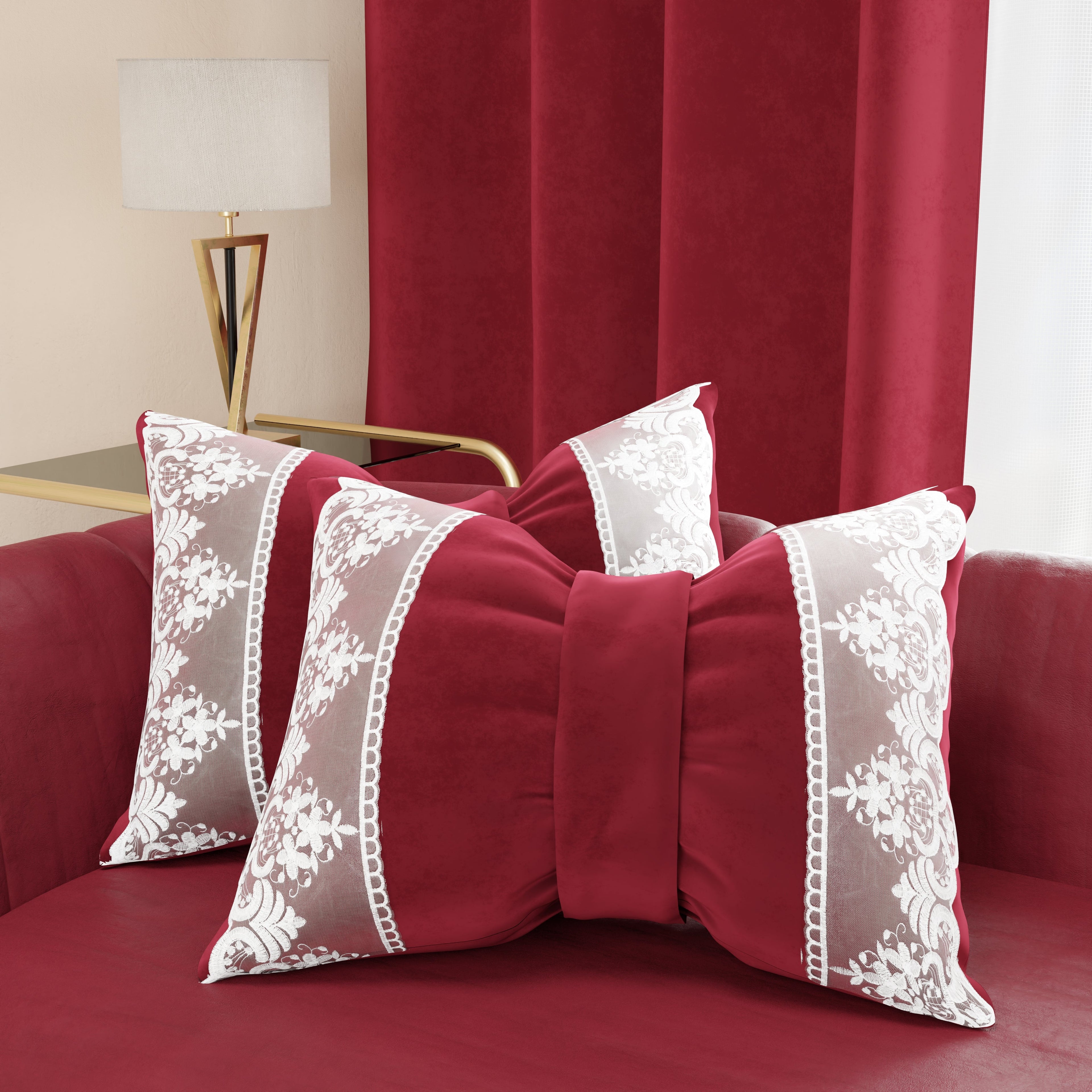 Cuscino Arredo Fiocco in Velluto e Balza con Pizzo Rebrodè 40x50 cm, Cuscino divano Bordeaux By Sissy