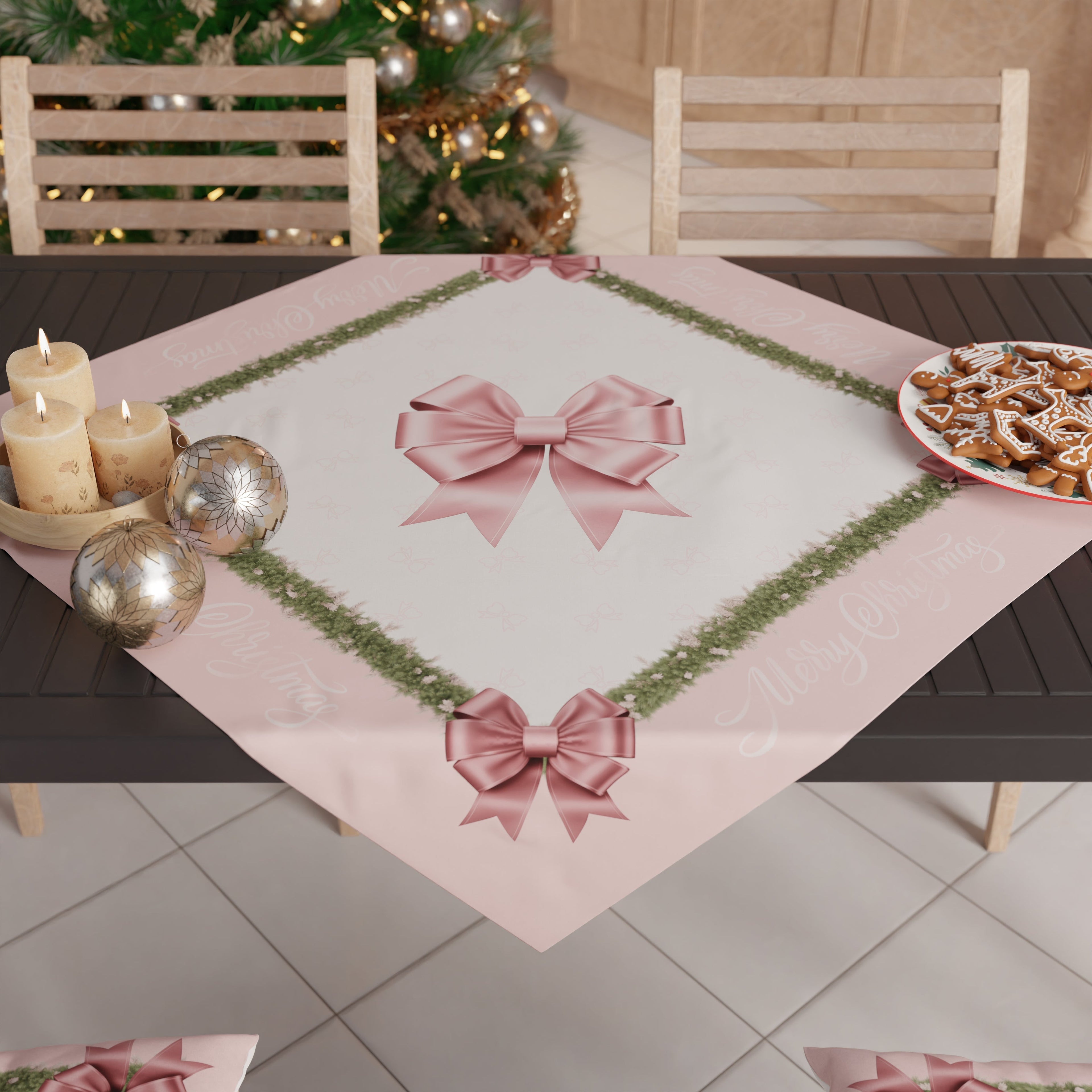 Centrotavola Natalizio per Cucina in Stampa Digitale Fiocco Rosa Piume