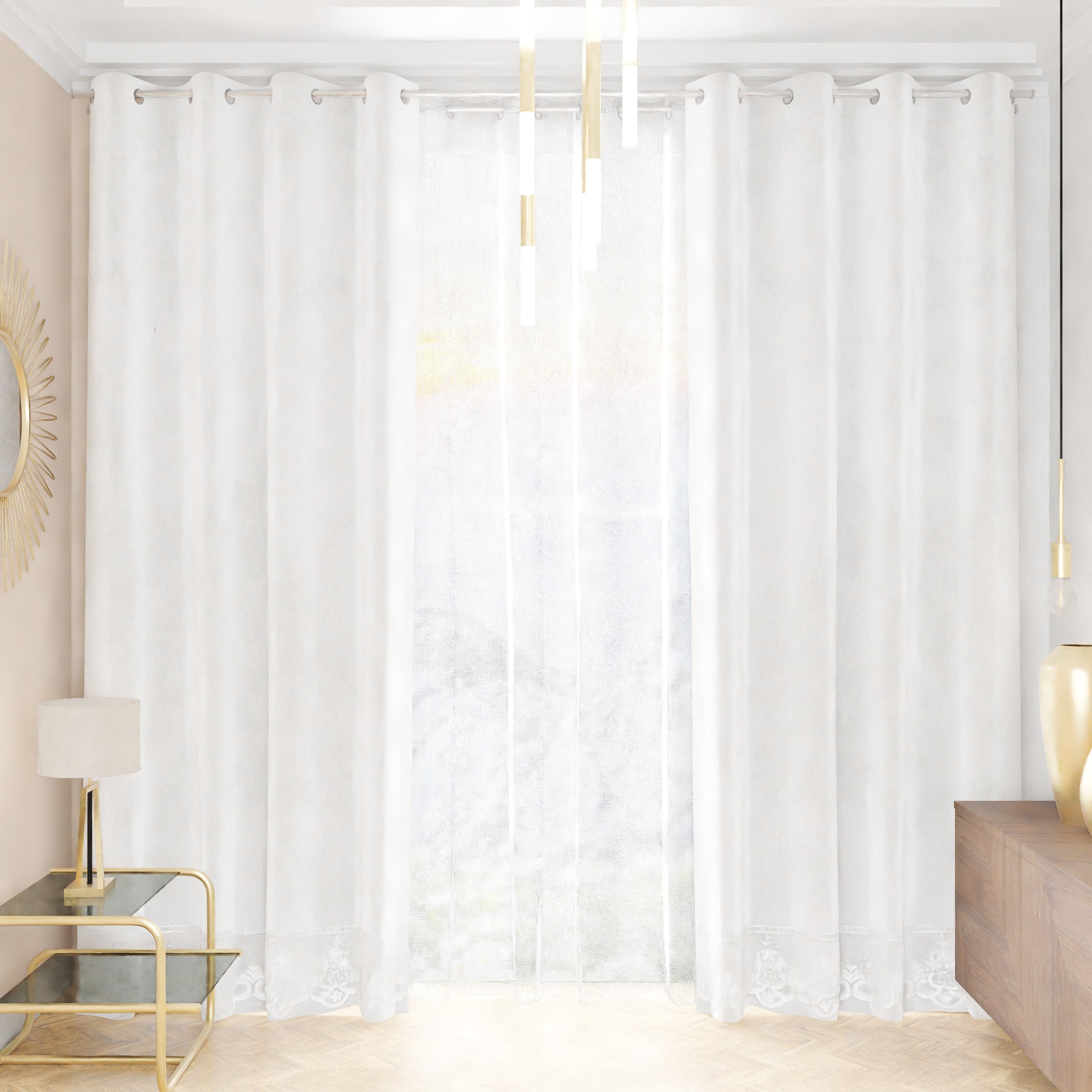 Tenda a Pannello in Velluto per Interni con Anelli e Pizzo Rebrodè, 140x280 cm, Bianco by Sissy
