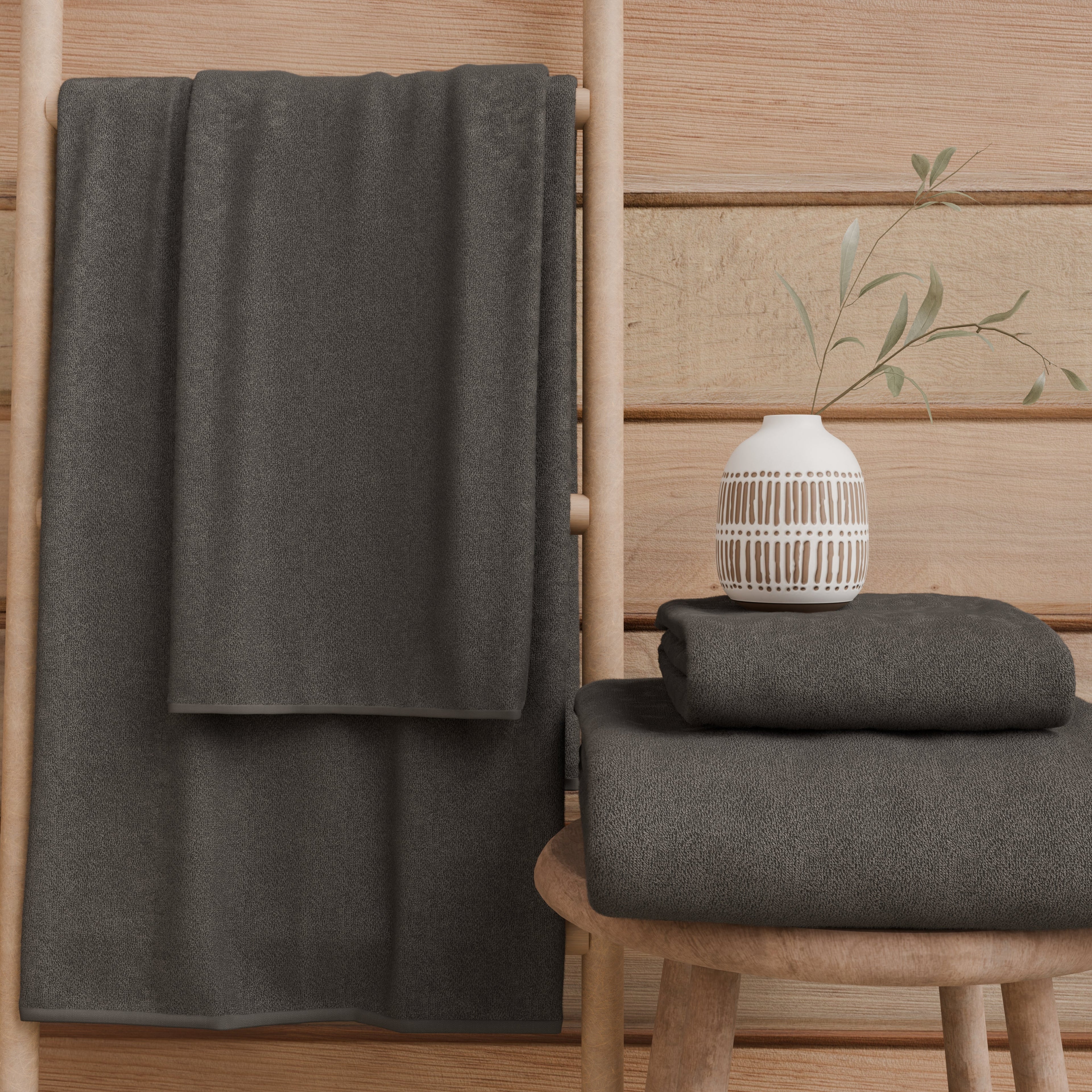 Asciugamani Bagno in Spugna 1+1 Tinta Unita Grigio Scuro