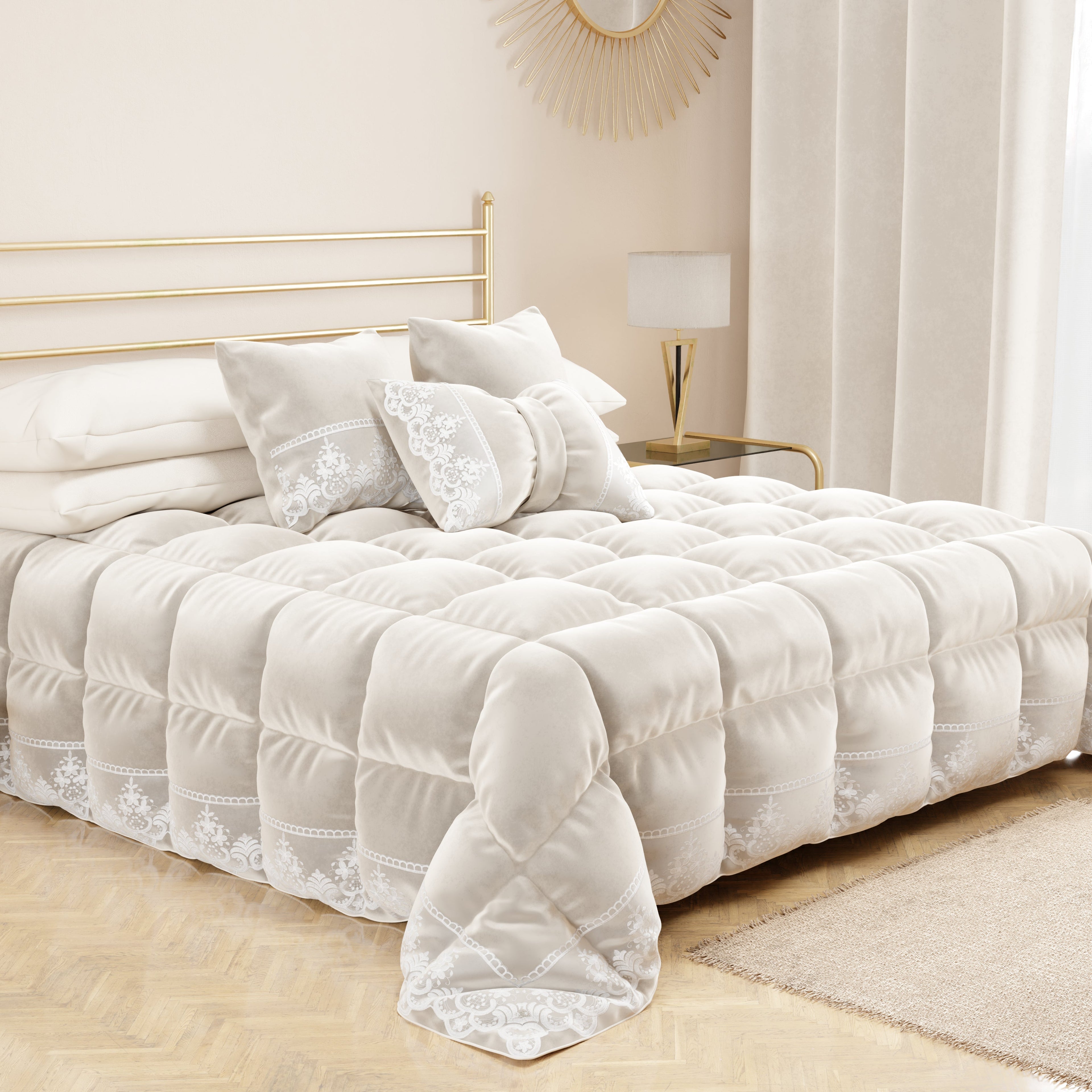 Cuscino Arredo Fiocco in Velluto e Balza con Pizzo Rebrodè 40x50 cm, Cuscino divano Bianco Latte By Sissy