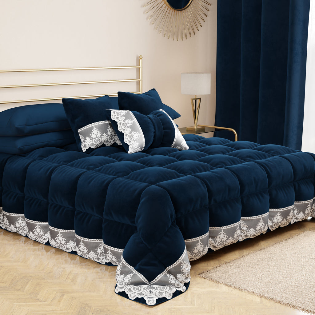 Cuscino Arredo Fiocco in Velluto e Balza con Pizzo Rebrodè 40x50 cm, Cuscino divano Blu By Sissy