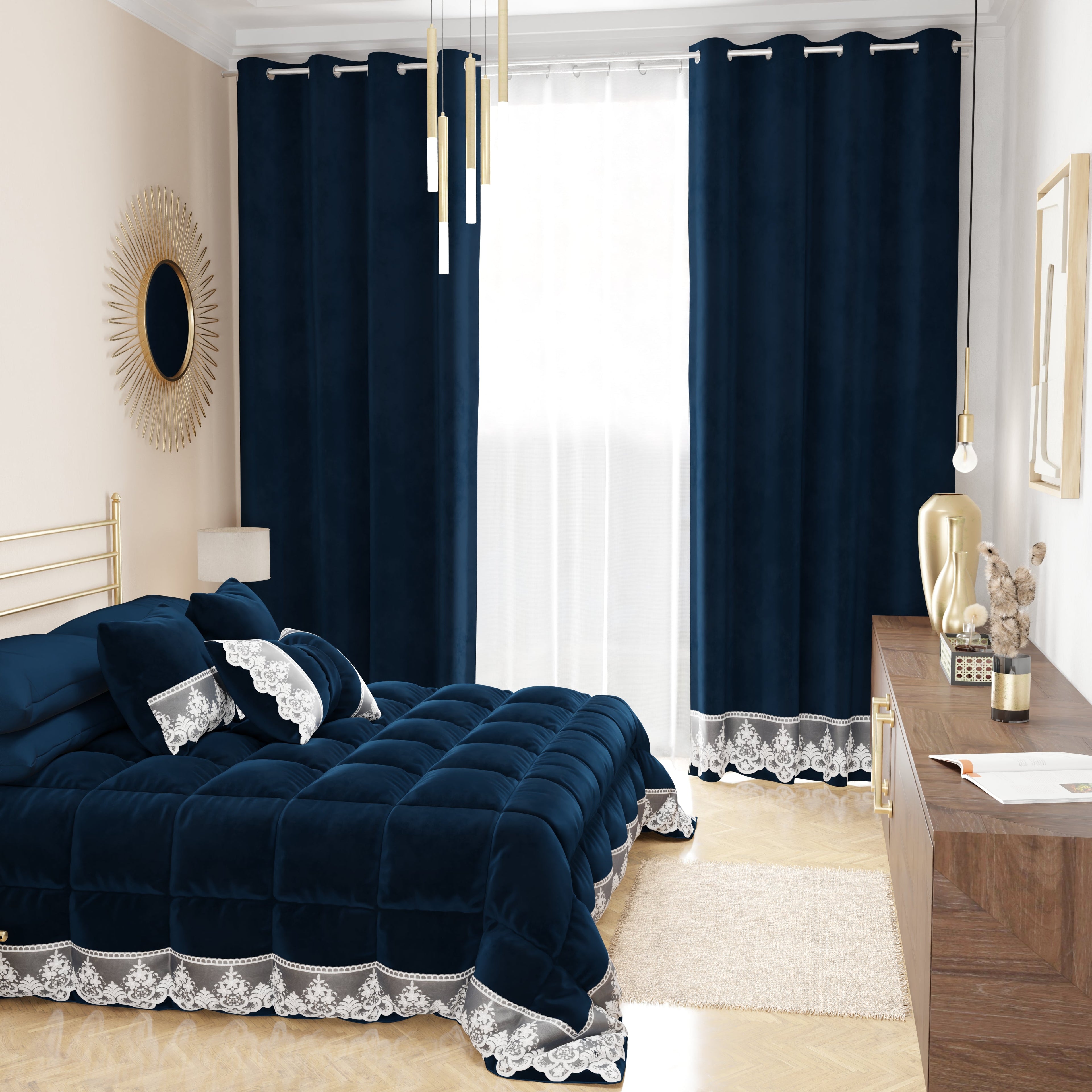 Tenda a Pannello in Velluto per Interni con Anelli e Pizzo Rebrodè, 140x280 cm, Blu by Sissy