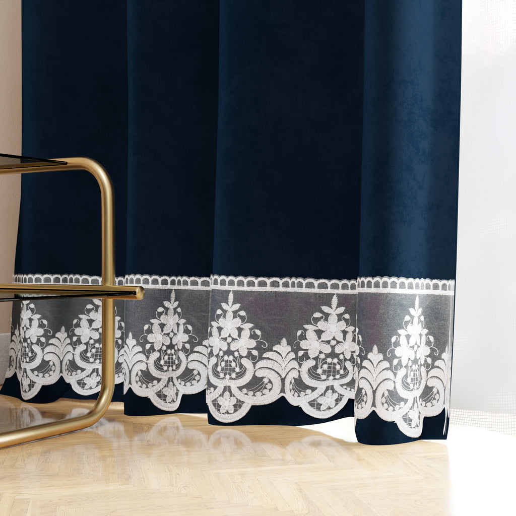 Tenda a Pannello in Velluto per Interni con Anelli e Pizzo Rebrodè, 140x280 cm, Blu by Sissy