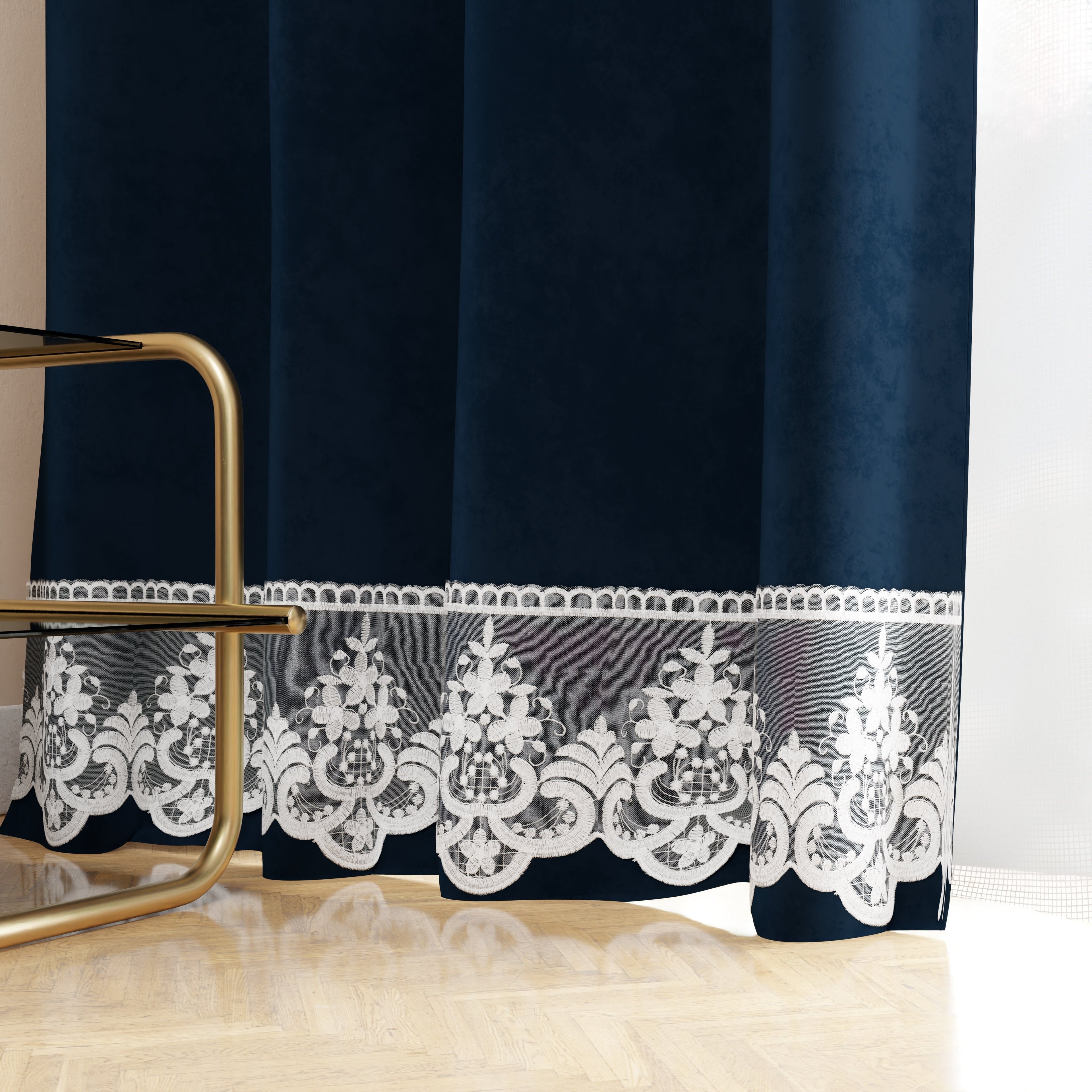 Tenda a Pannello in Velluto per Interni con Anelli e Pizzo Rebrodè, 140x280 cm, Blu by Sissy
