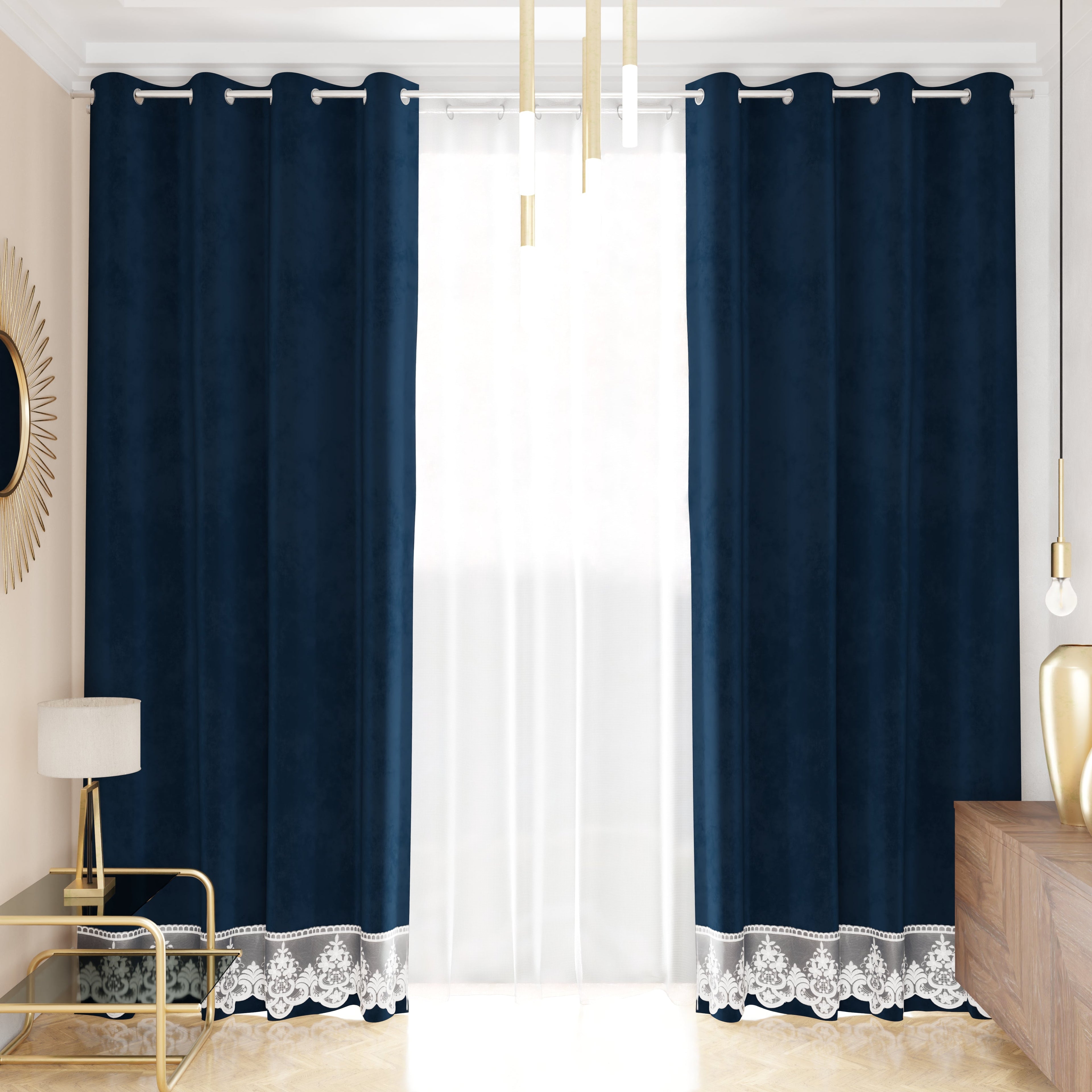 Tenda a Pannello in Velluto per Interni con Anelli e Pizzo Rebrodè, 140x280 cm, Blu by Sissy