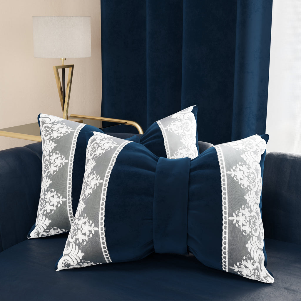 Cuscino Arredo Fiocco in Velluto e Balza con Pizzo Rebrodè 40x50 cm, Cuscino divano Blu By Sissy