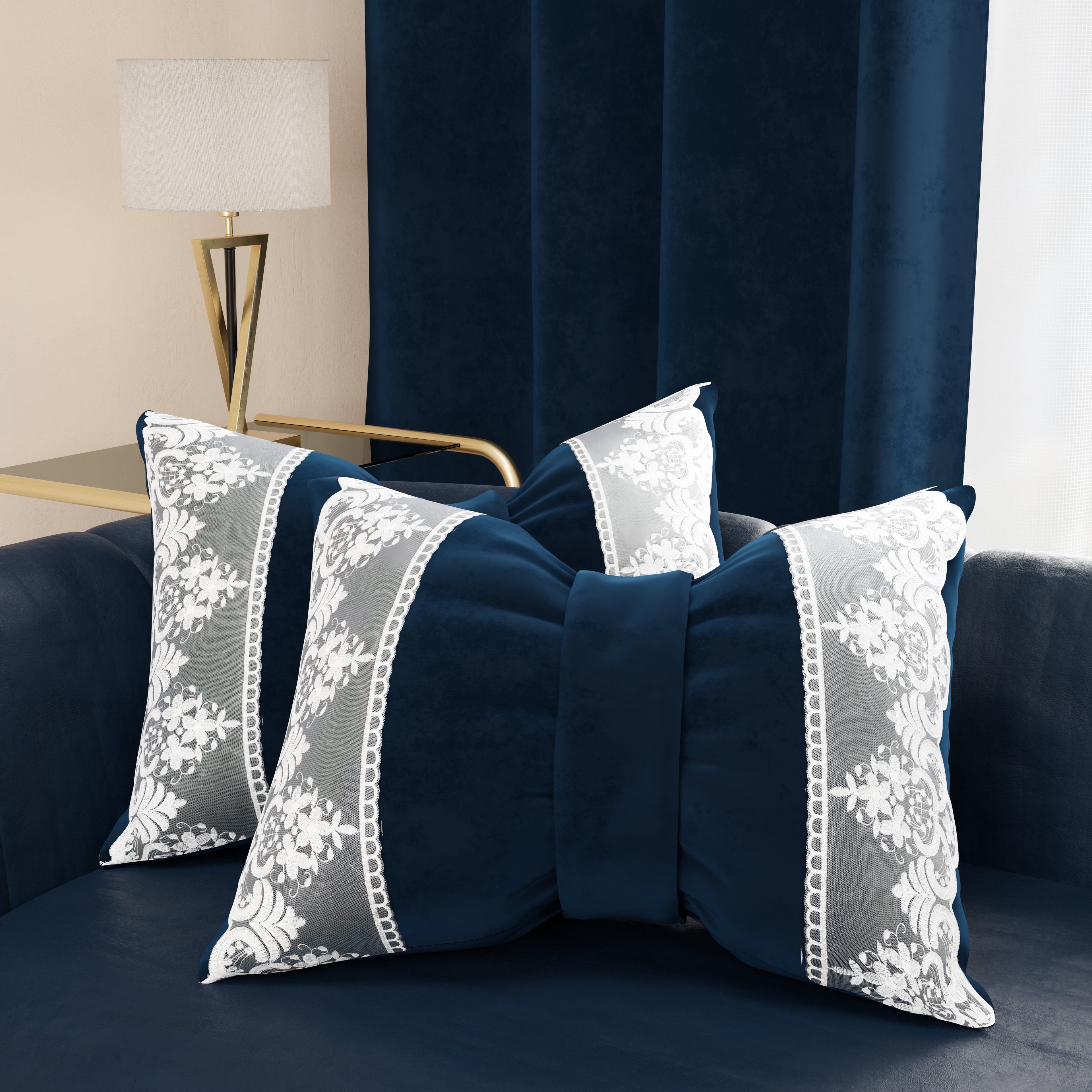Cuscino Arredo Fiocco in Velluto e Balza con Pizzo Rebrodè 40x50 cm, Cuscino divano Blu By Sissy