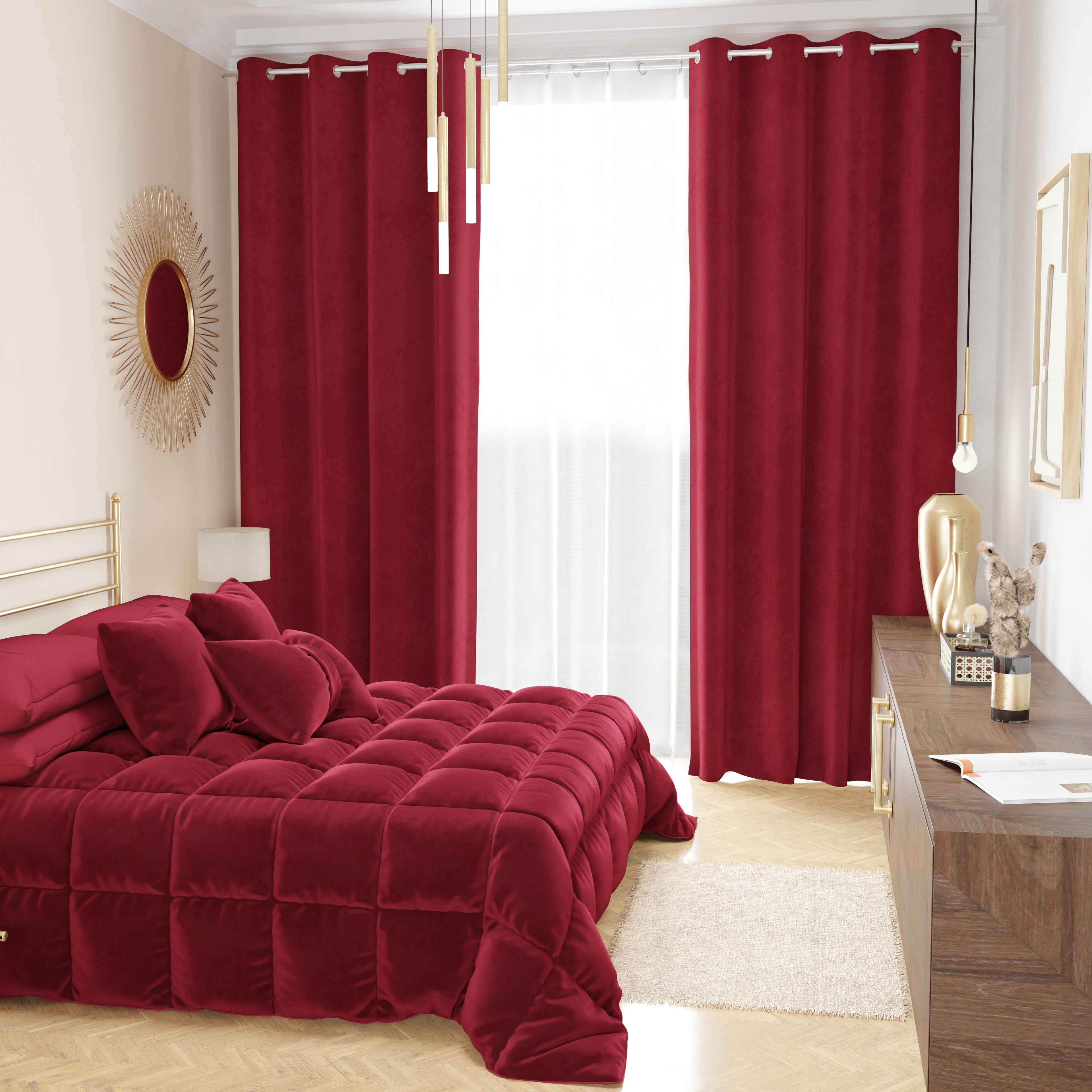 Tenda a Pannello in Velluto per Interni con Anelli, 140x280 cm, Bordeaux
