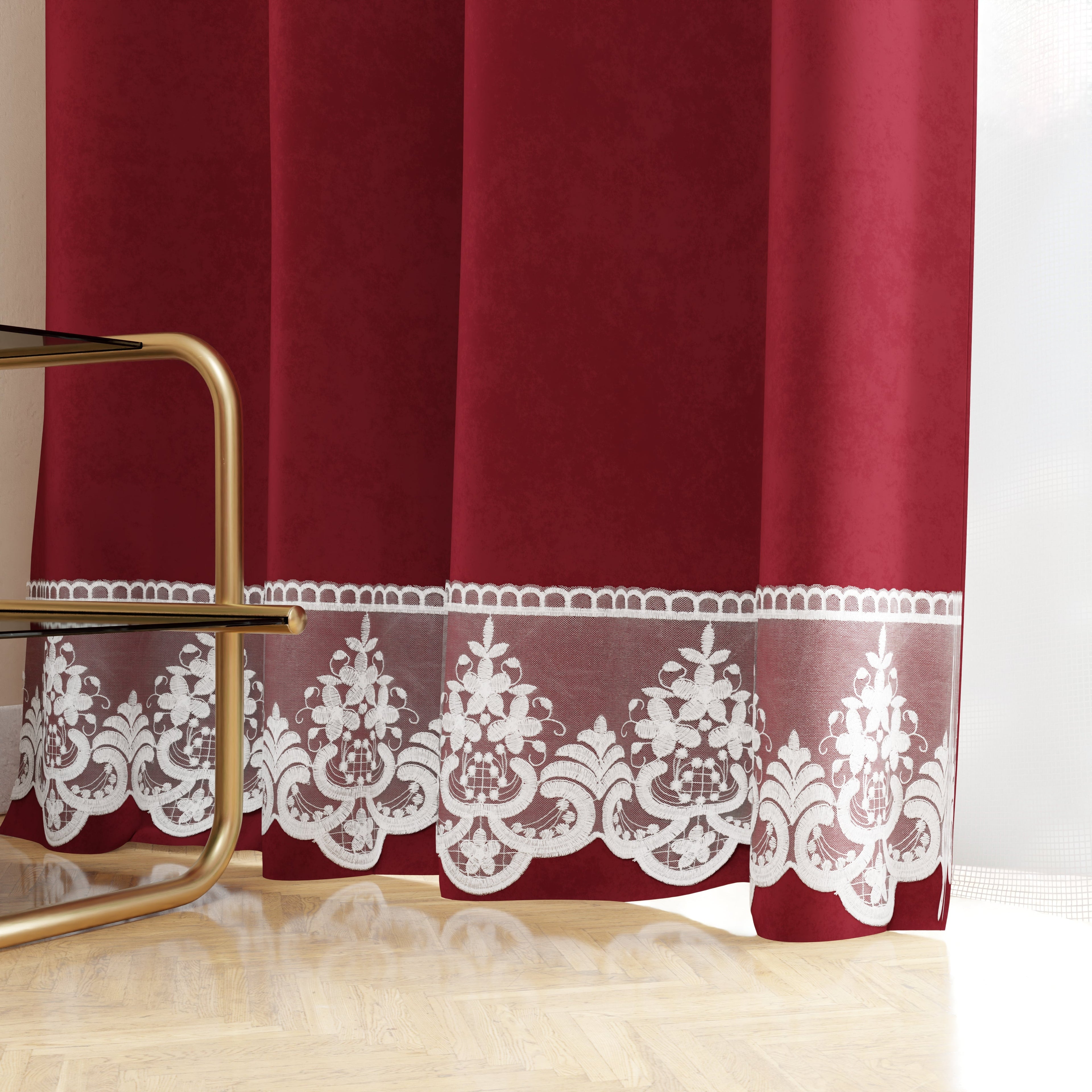 Tenda a Pannello in Velluto per Interni con Anelli e Pizzo Rebrodè, 140x280 cm, Bordeaux by Sissy