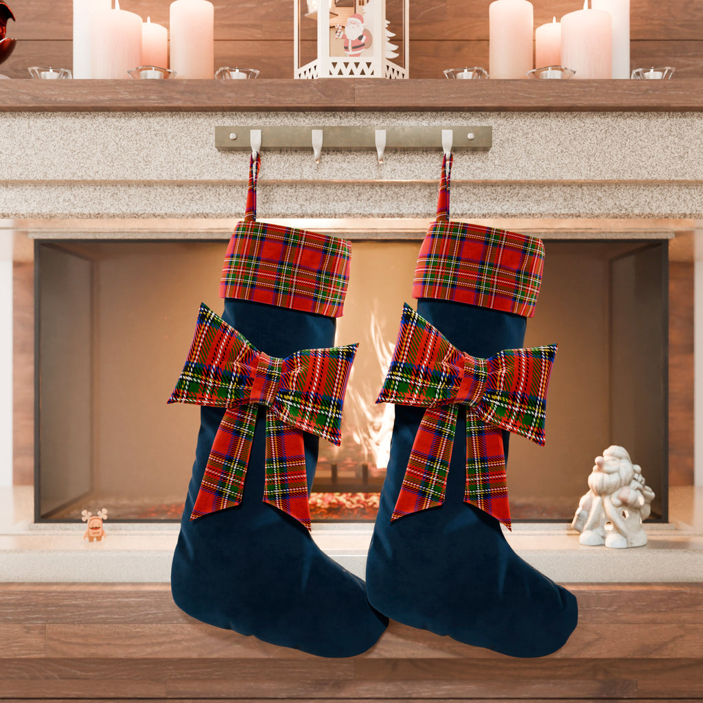 Calza Befana in Velluto con Fiocco, Calza Natalizia Tartan Blu