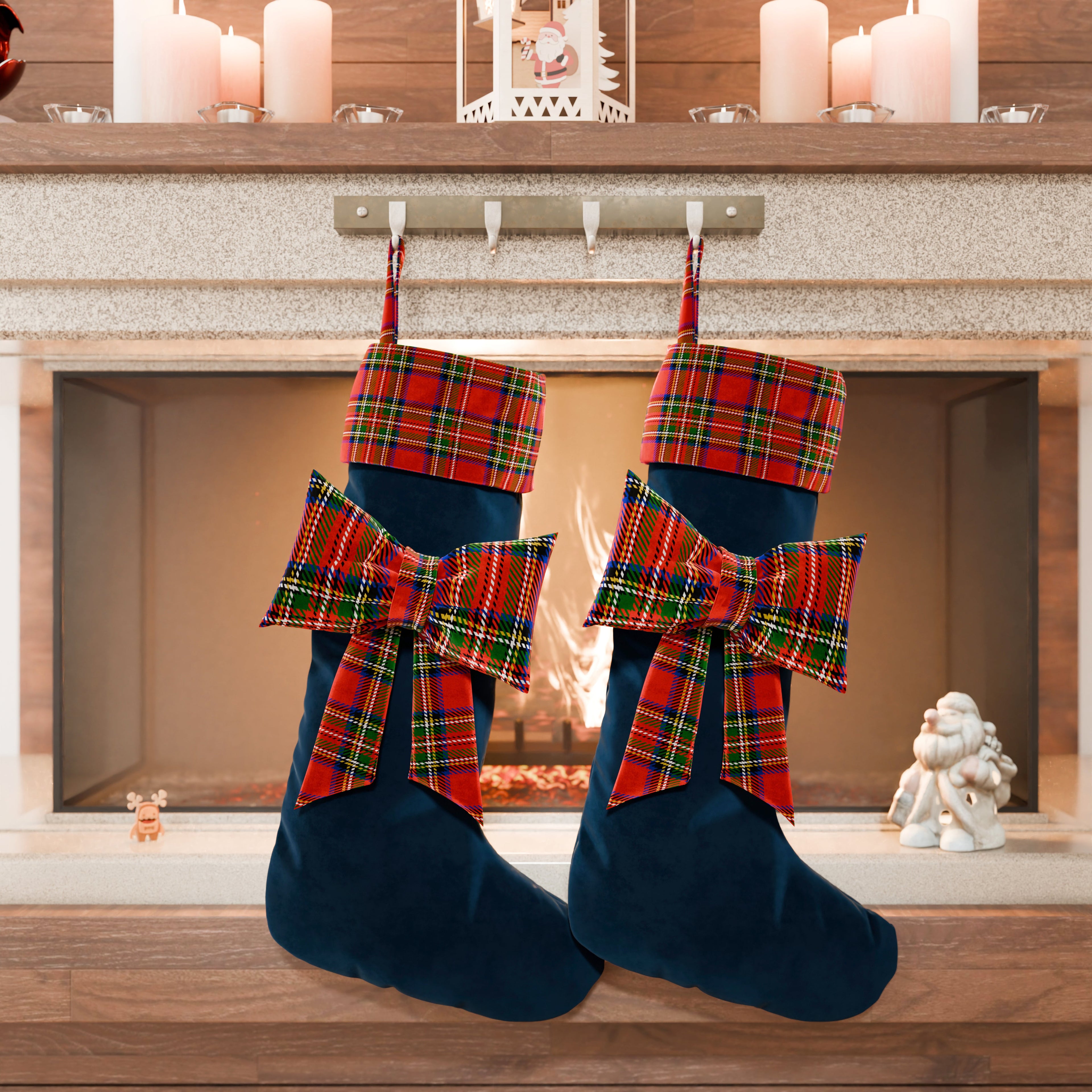 Calza Befana in Velluto con Fiocco, Calza Natalizia Tartan Blu