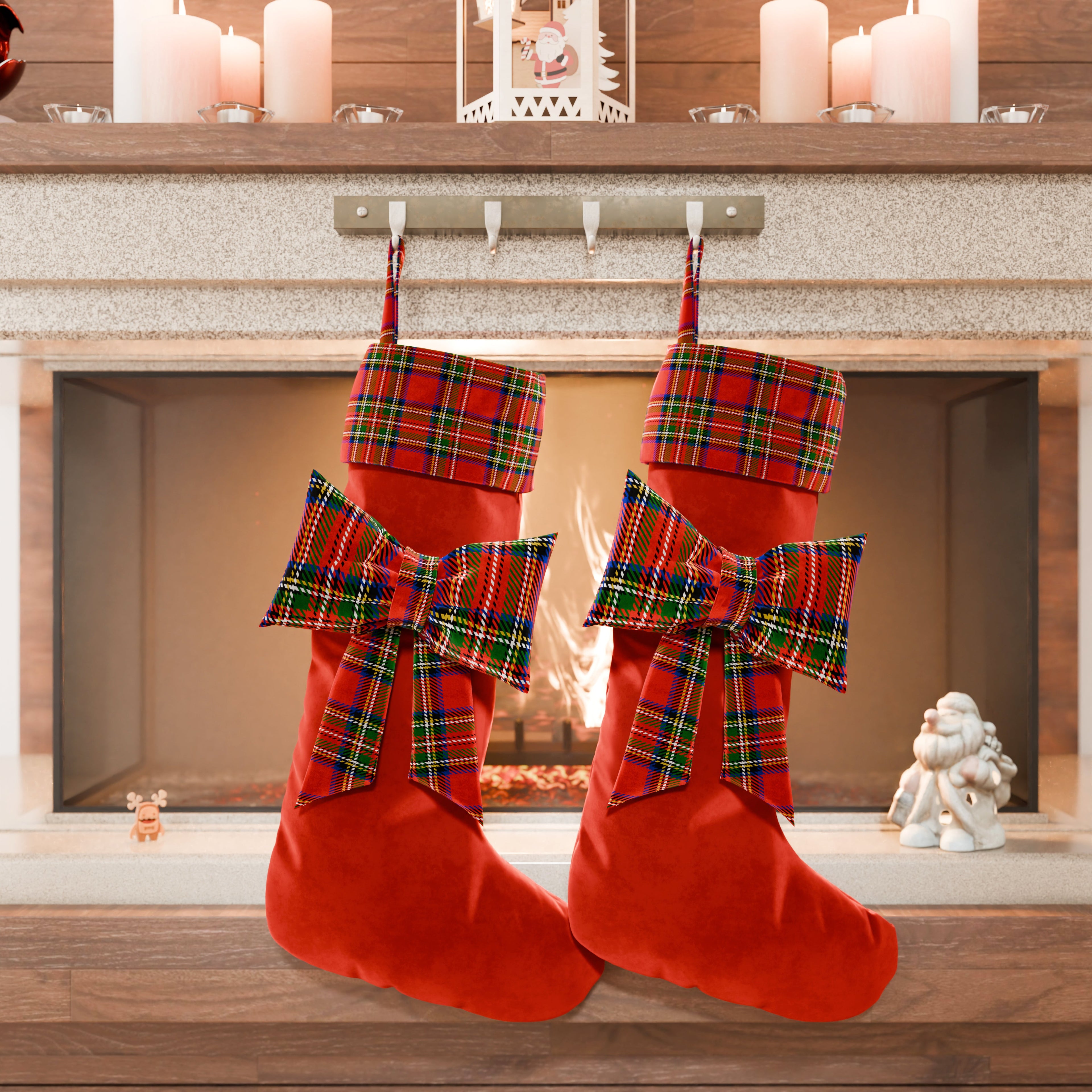 Calza Befana in Velluto con Fiocco, Calza Natalizia Tartan Rosso