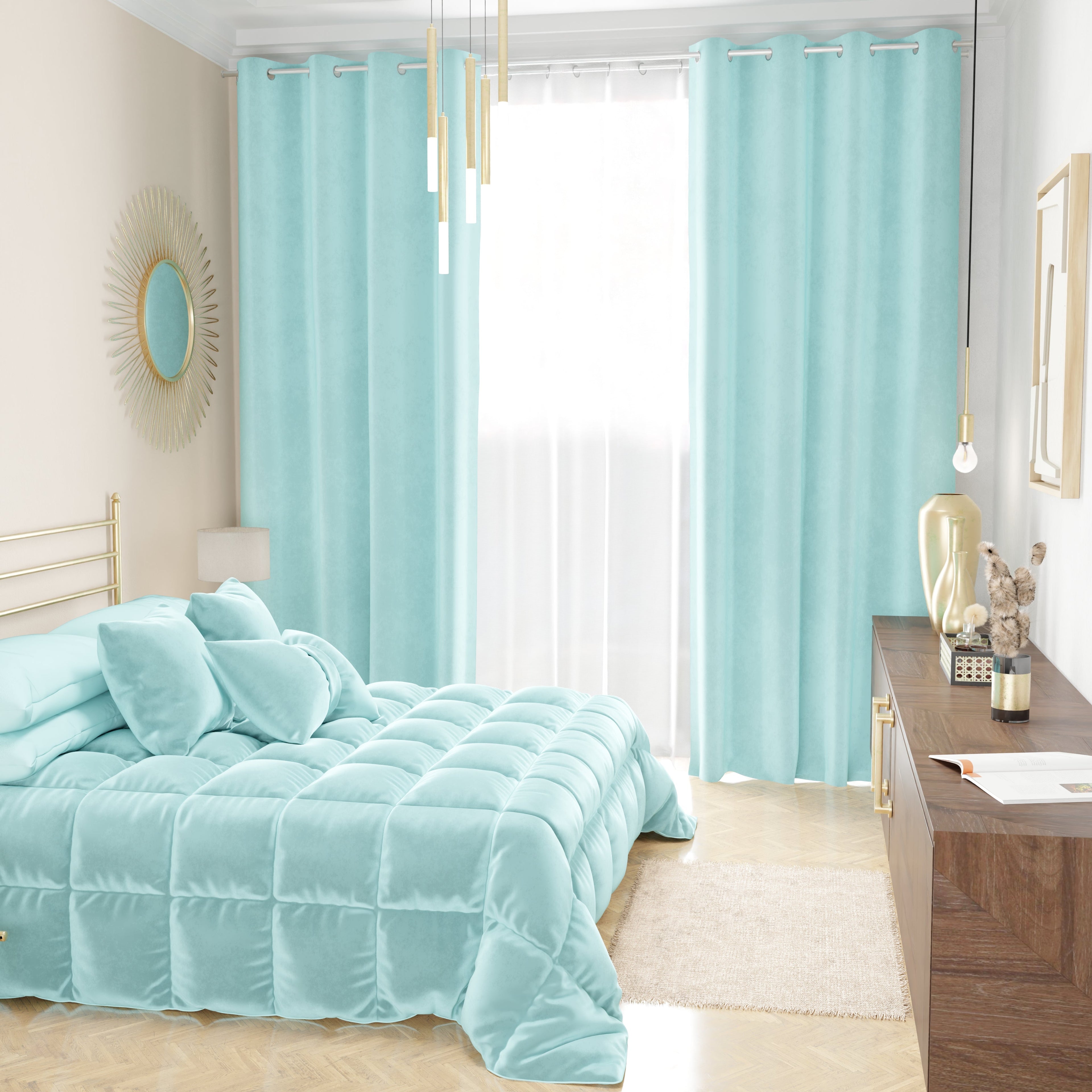 Tenda a Pannello in Velluto per Interni con Anelli, 140x280 cm, Celeste