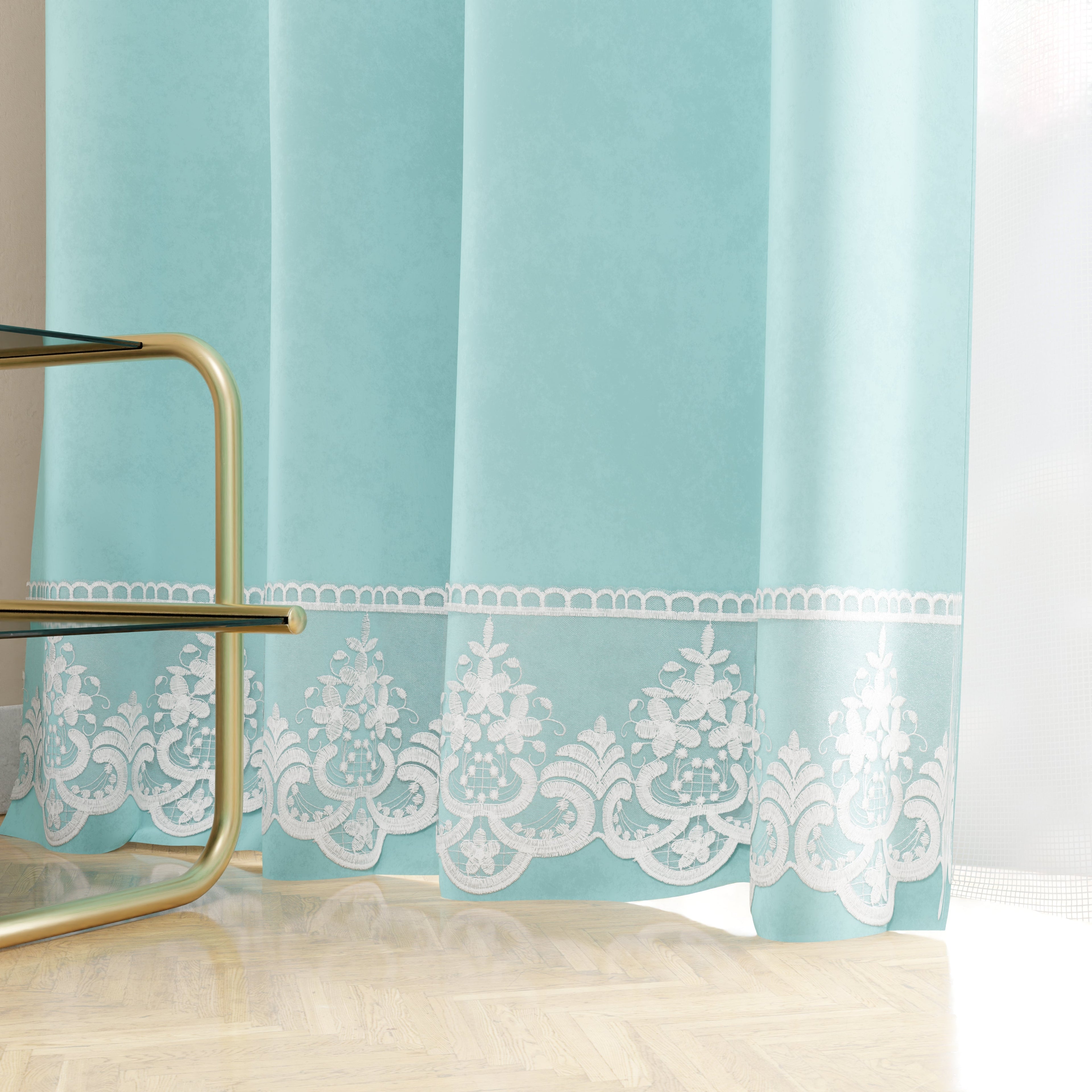 Tenda a Pannello in Velluto per Interni con Anelli e Pizzo Rebrodè, 140x280 cm, Celeste by Sissy