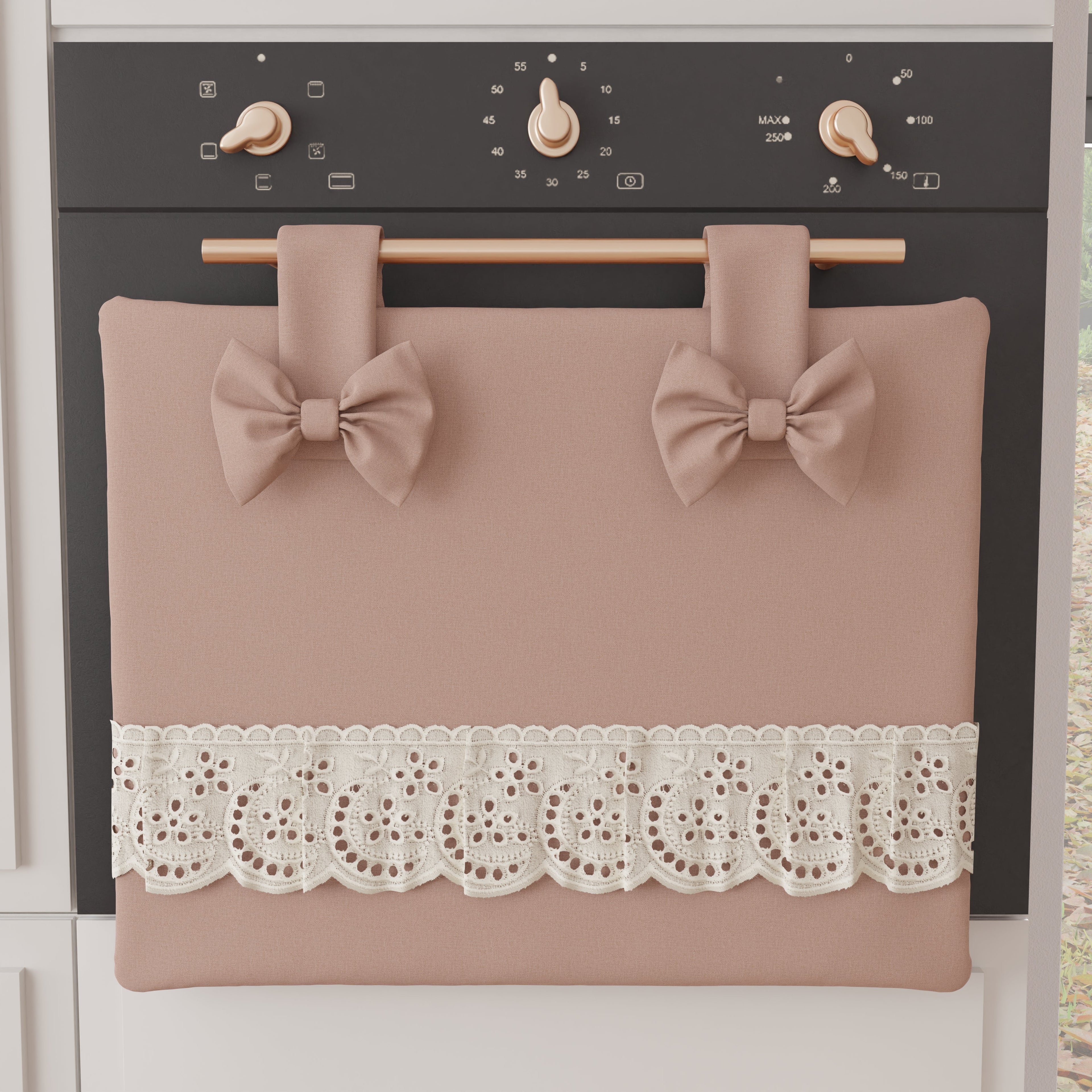 Copriforno Elegante Shabby Chic con Pizzo e Fiocchi Cipria
