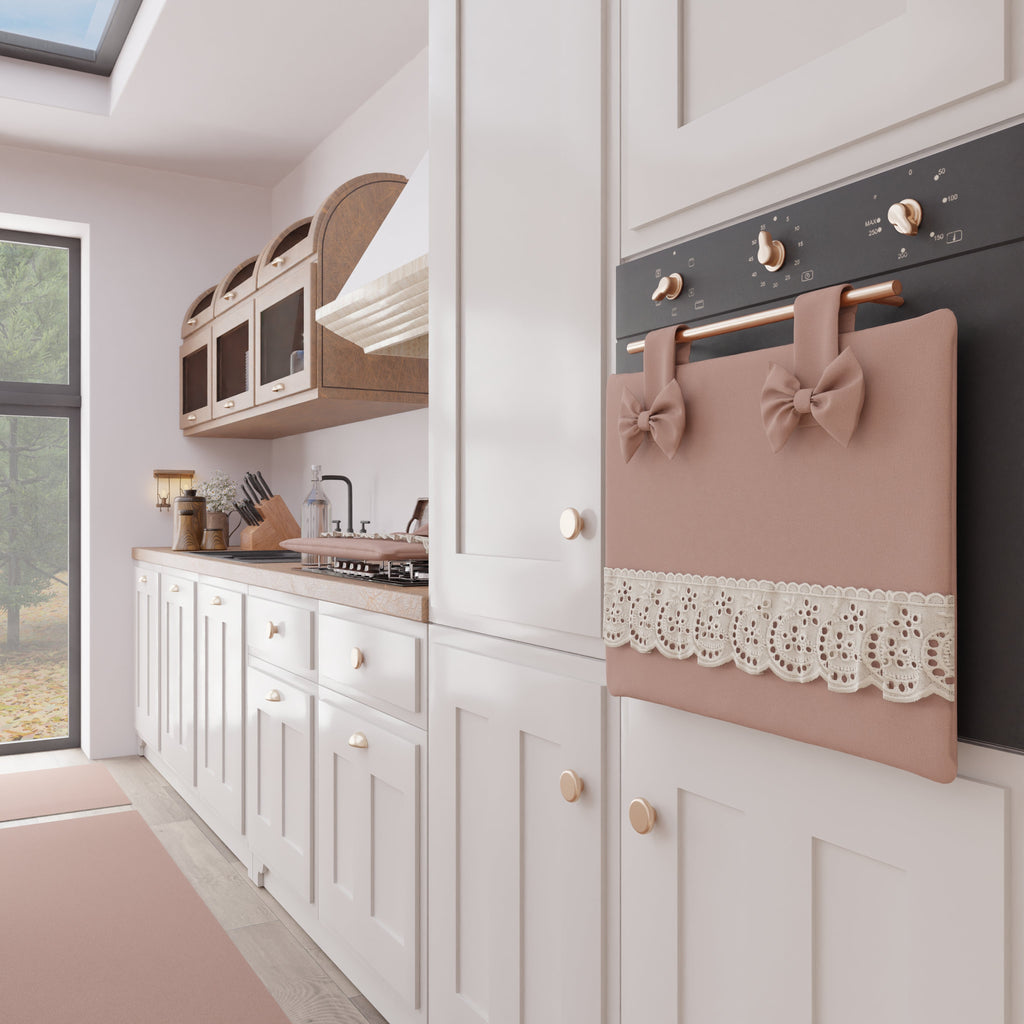 Copriforno Elegante Shabby Chic con Pizzo e Fiocchi Cipria