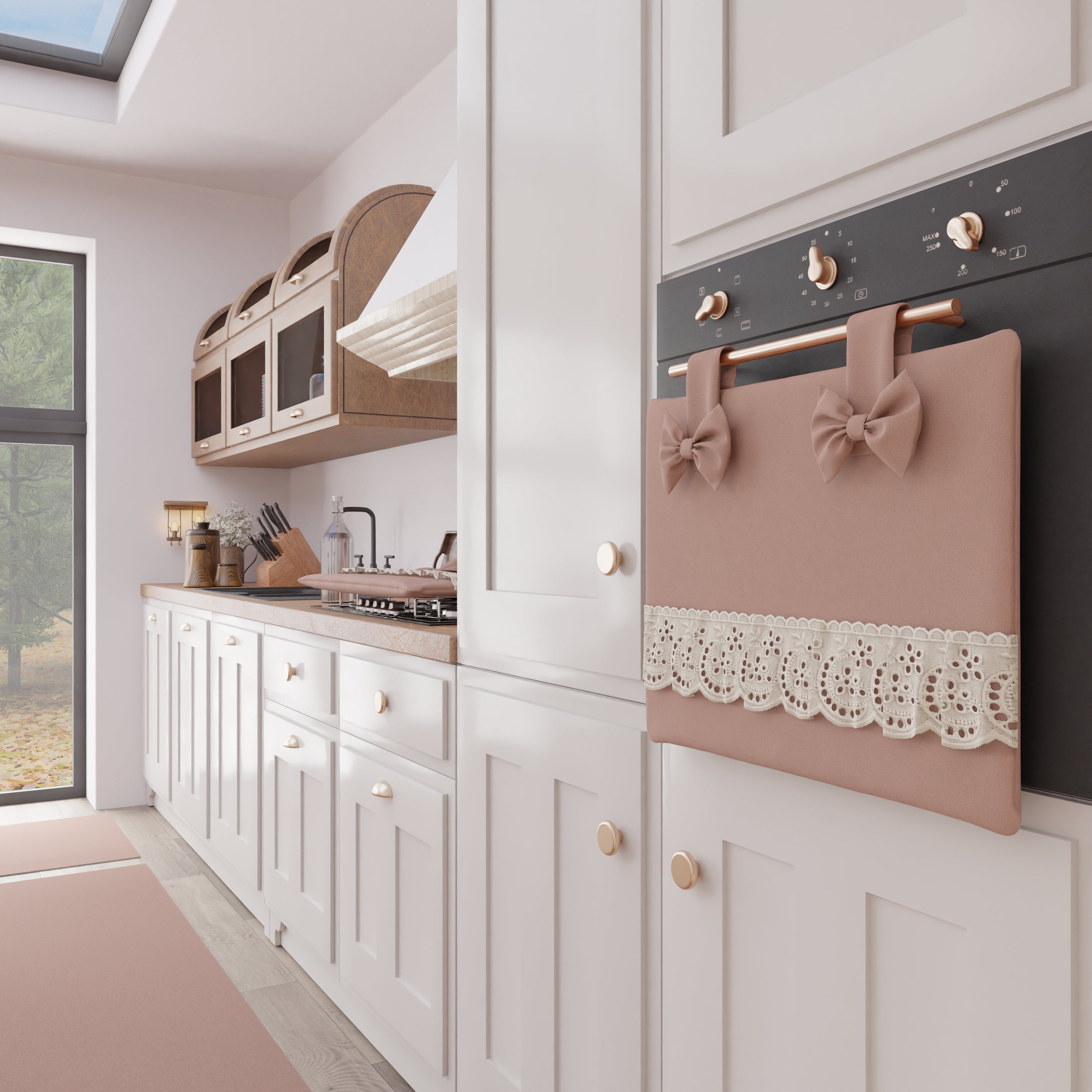 Copriforno Elegante Shabby Chic con Pizzo e Fiocchi Cipria