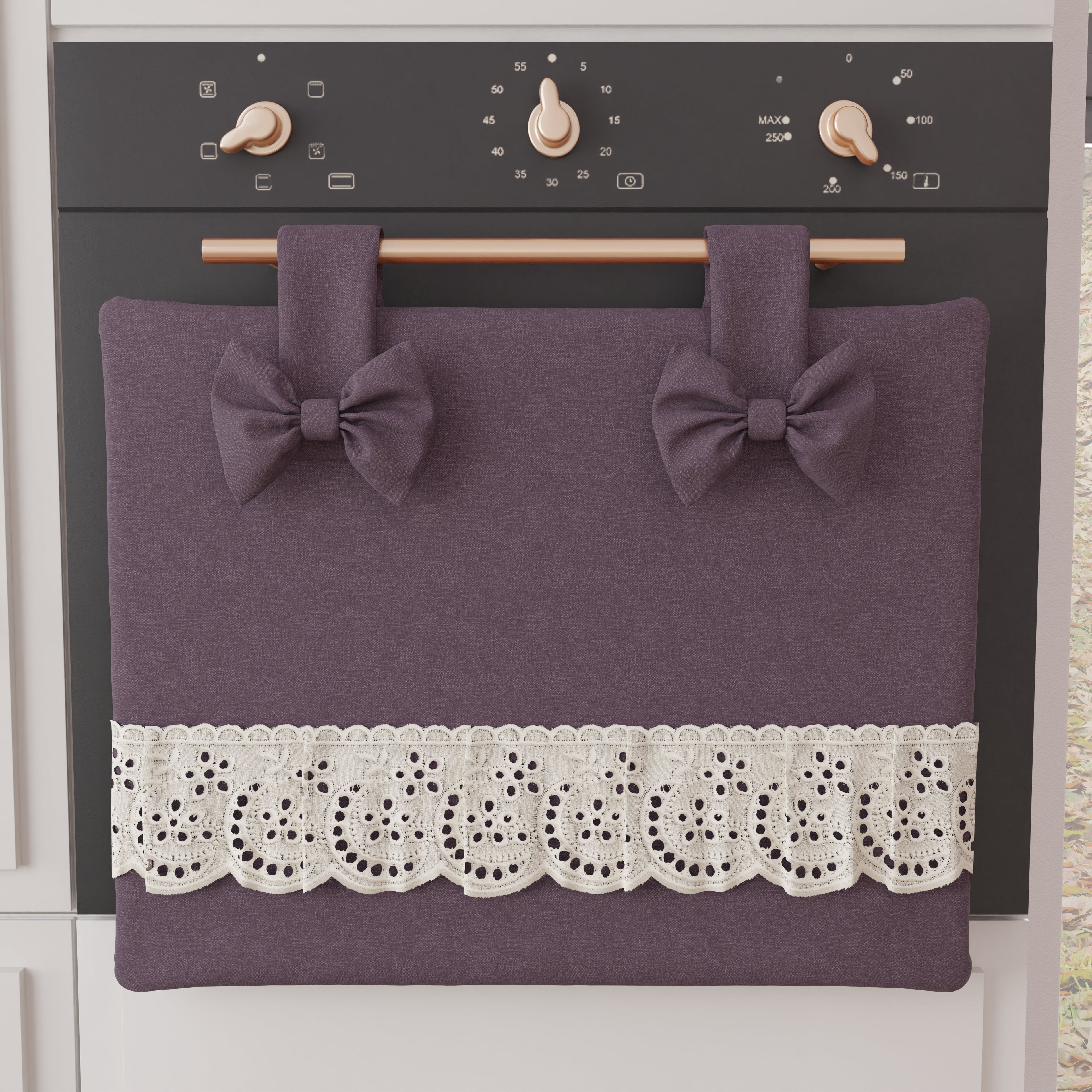 Copriforno Elegante Shabby Chic con Pizzo e Fiocchi Malva
