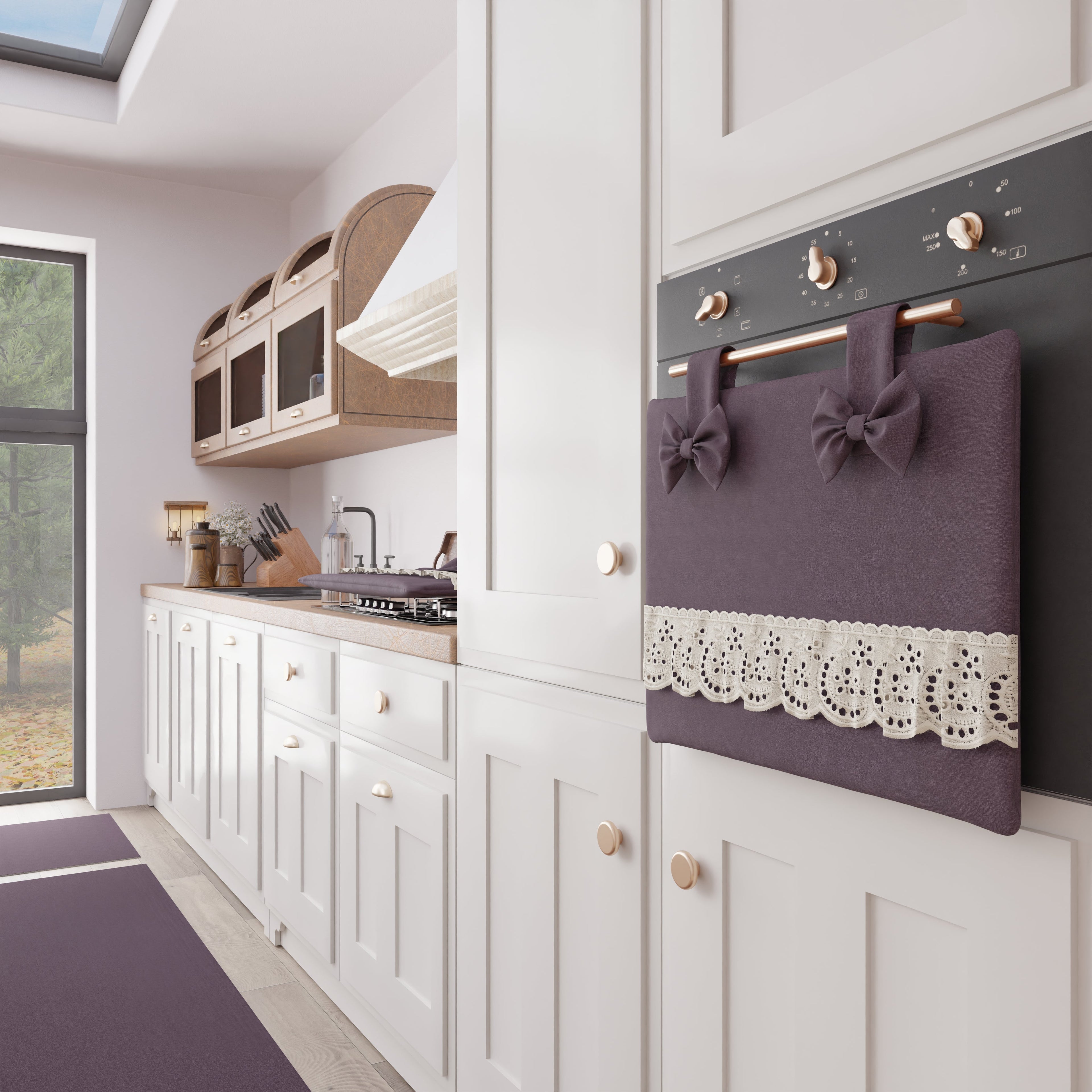 Copriforno Elegante Shabby Chic con Pizzo e Fiocchi Malva