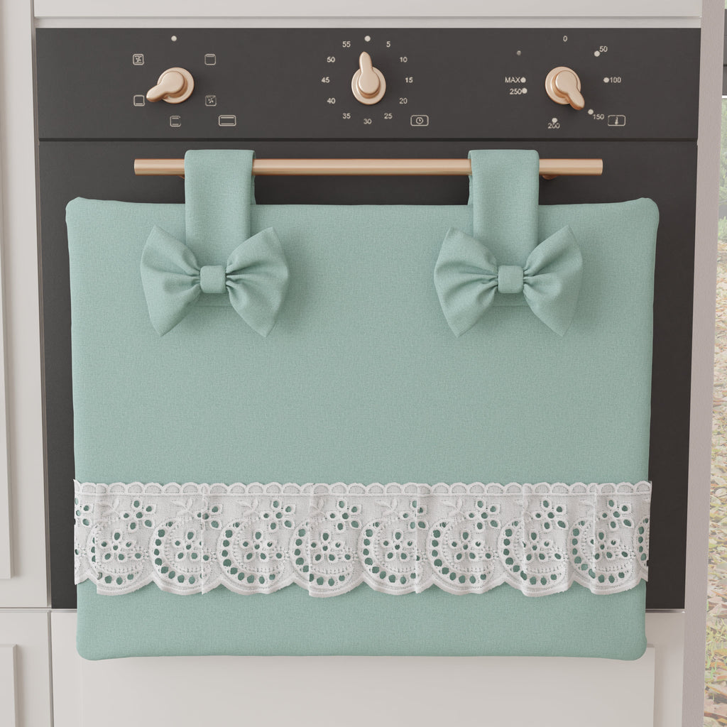 Copriforno Elegante Shabby Chic con Pizzo e Fiocchi Verde Acqua