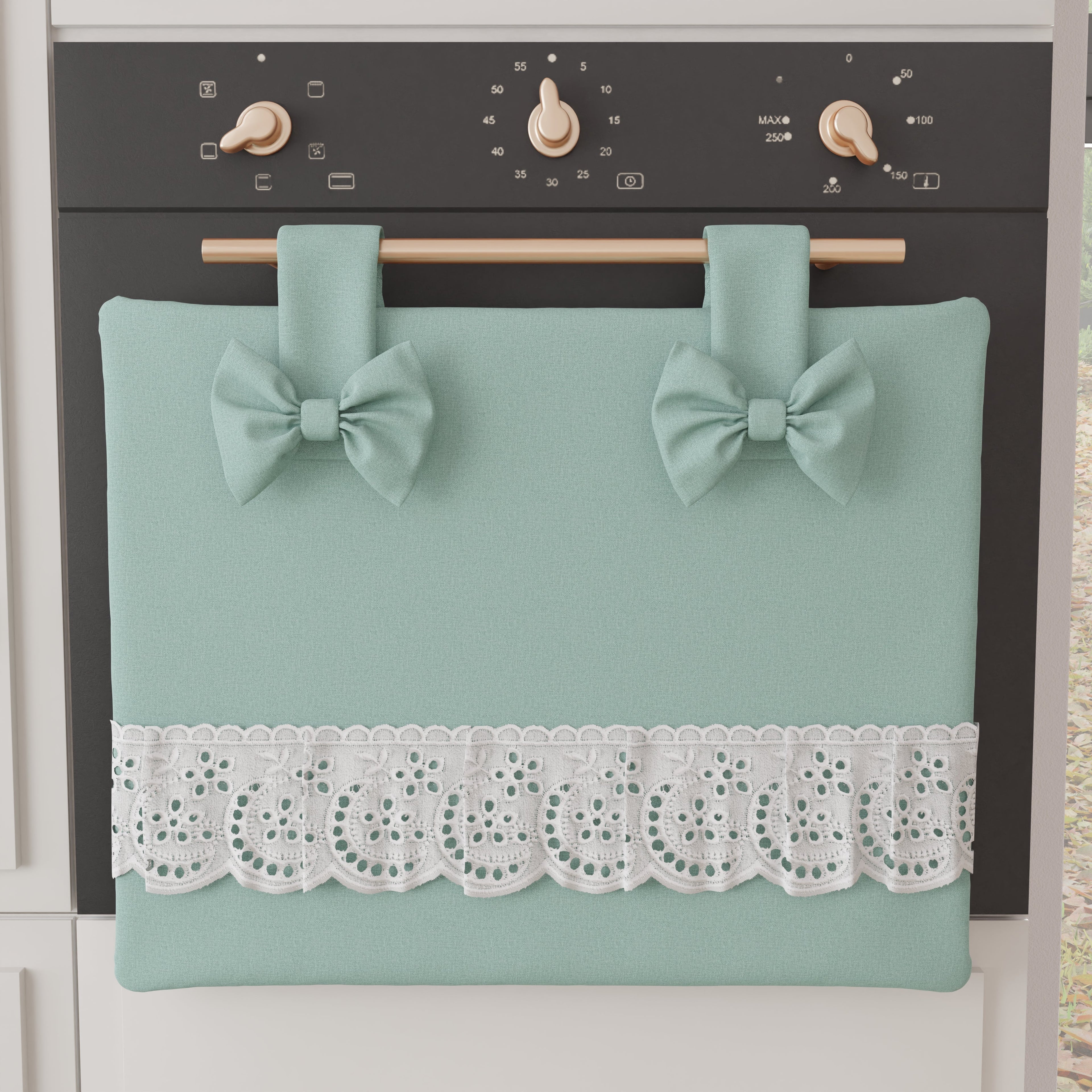Copriforno Elegante Shabby Chic con Pizzo e Fiocchi Verde Acqua