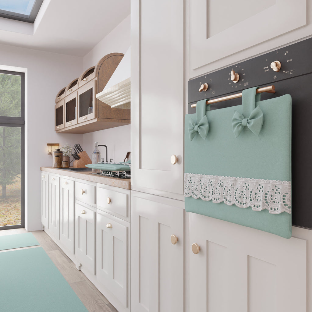 Copriforno Elegante Shabby Chic con Pizzo e Fiocchi Verde Acqua