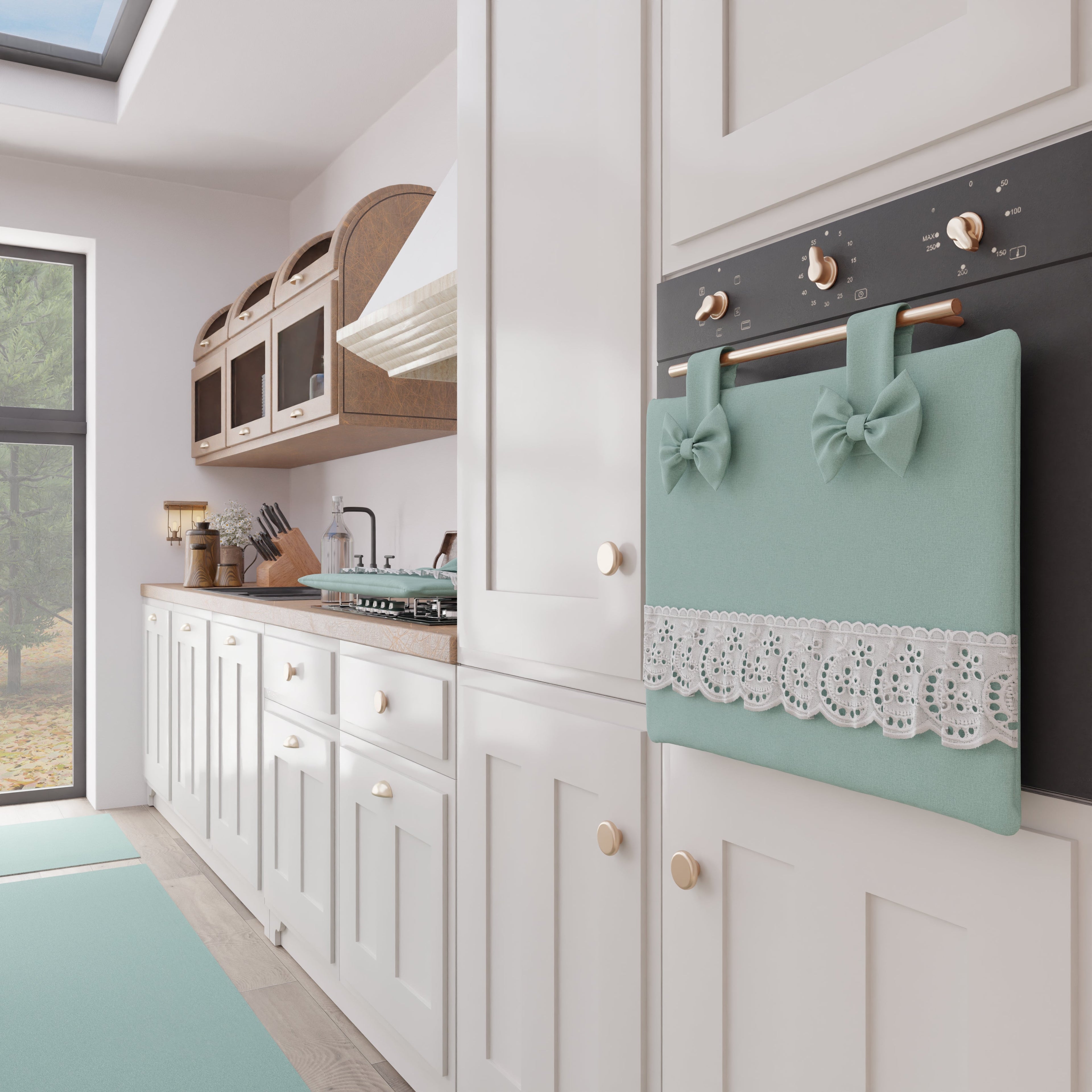 Copriforno Elegante Shabby Chic con Pizzo e Fiocchi Verde Acqua