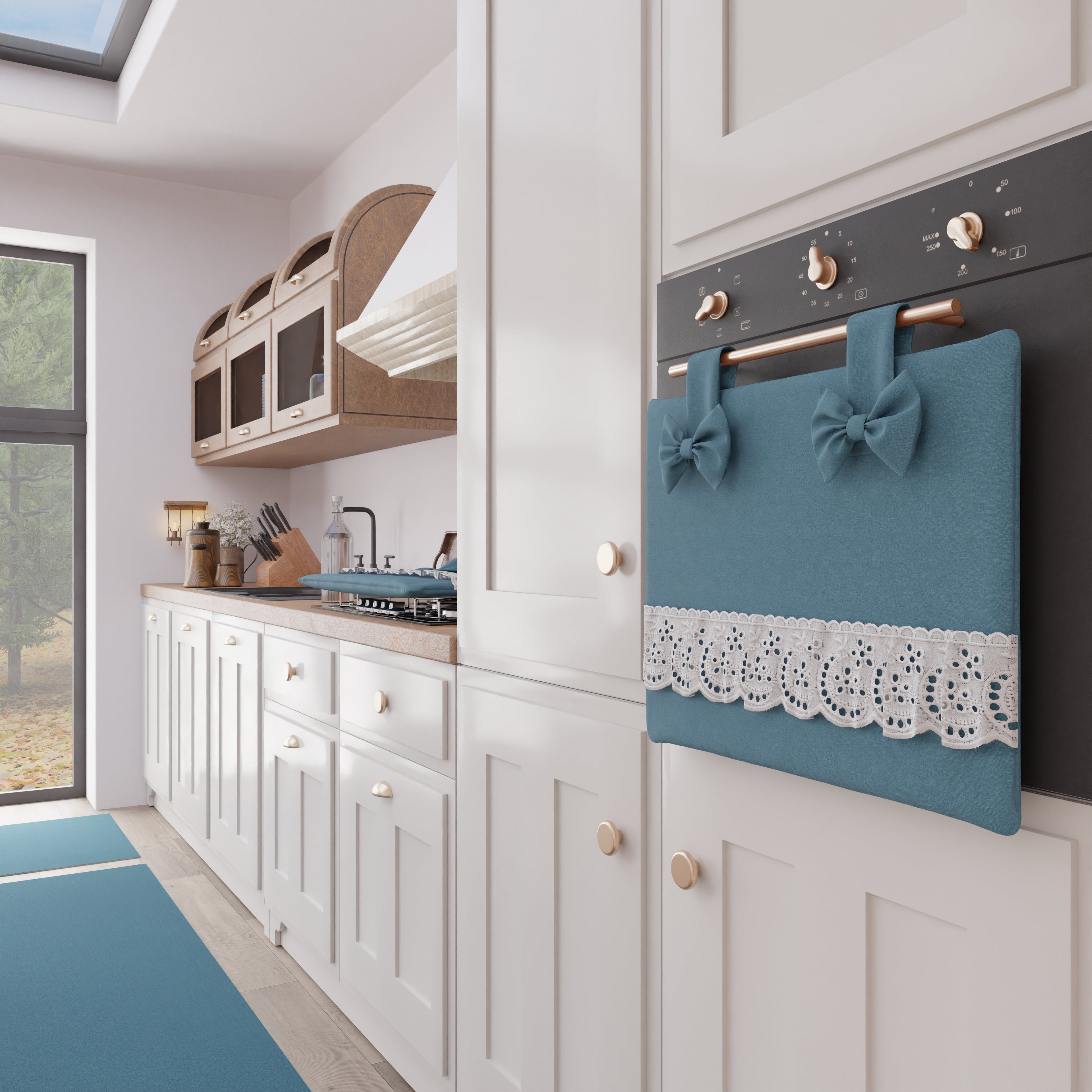 Copriforno Elegante Shabby Chic con Pizzo e Fiocchi Blu Avion