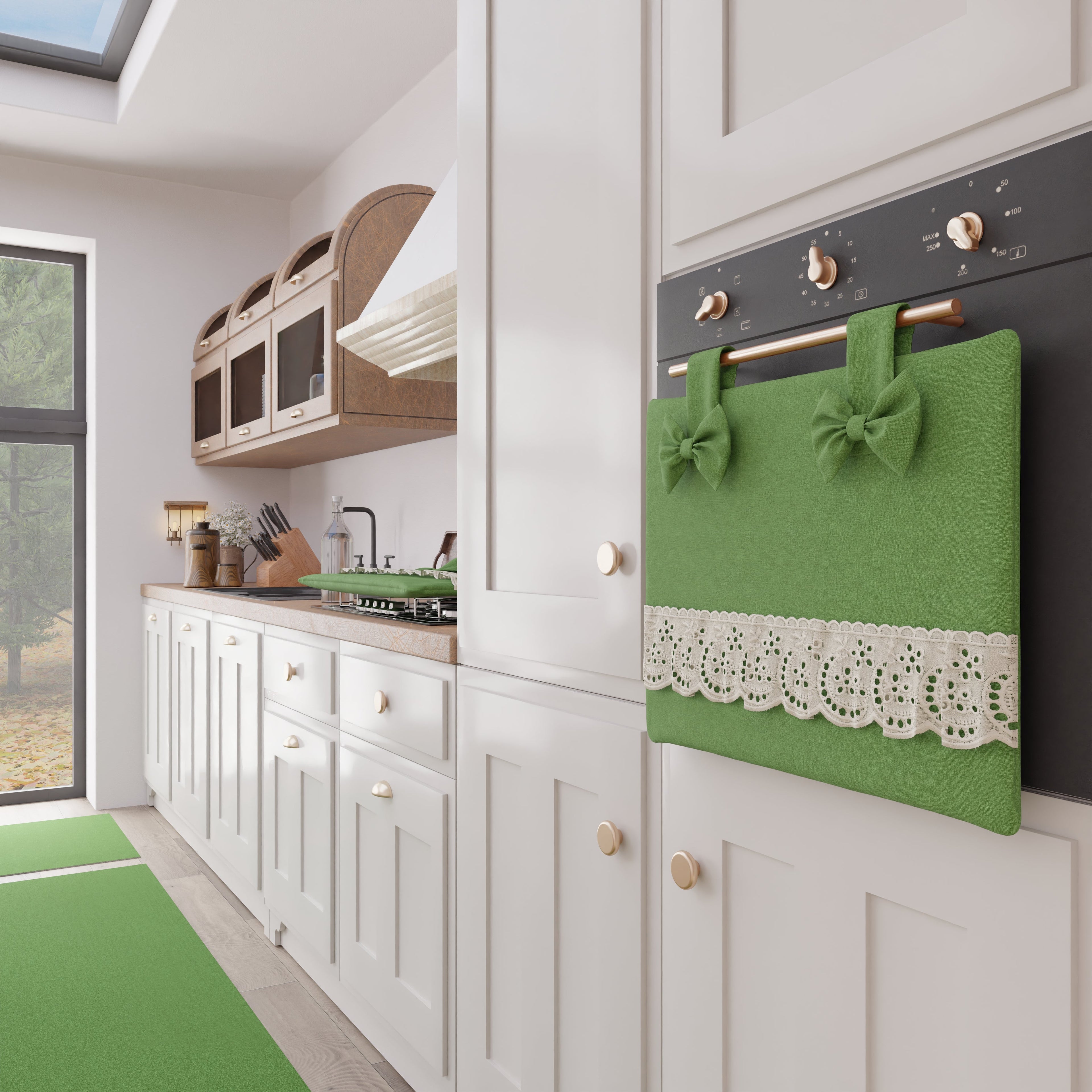 Copriforno Elegante Shabby Chic con Pizzo e Fiocchi Verde