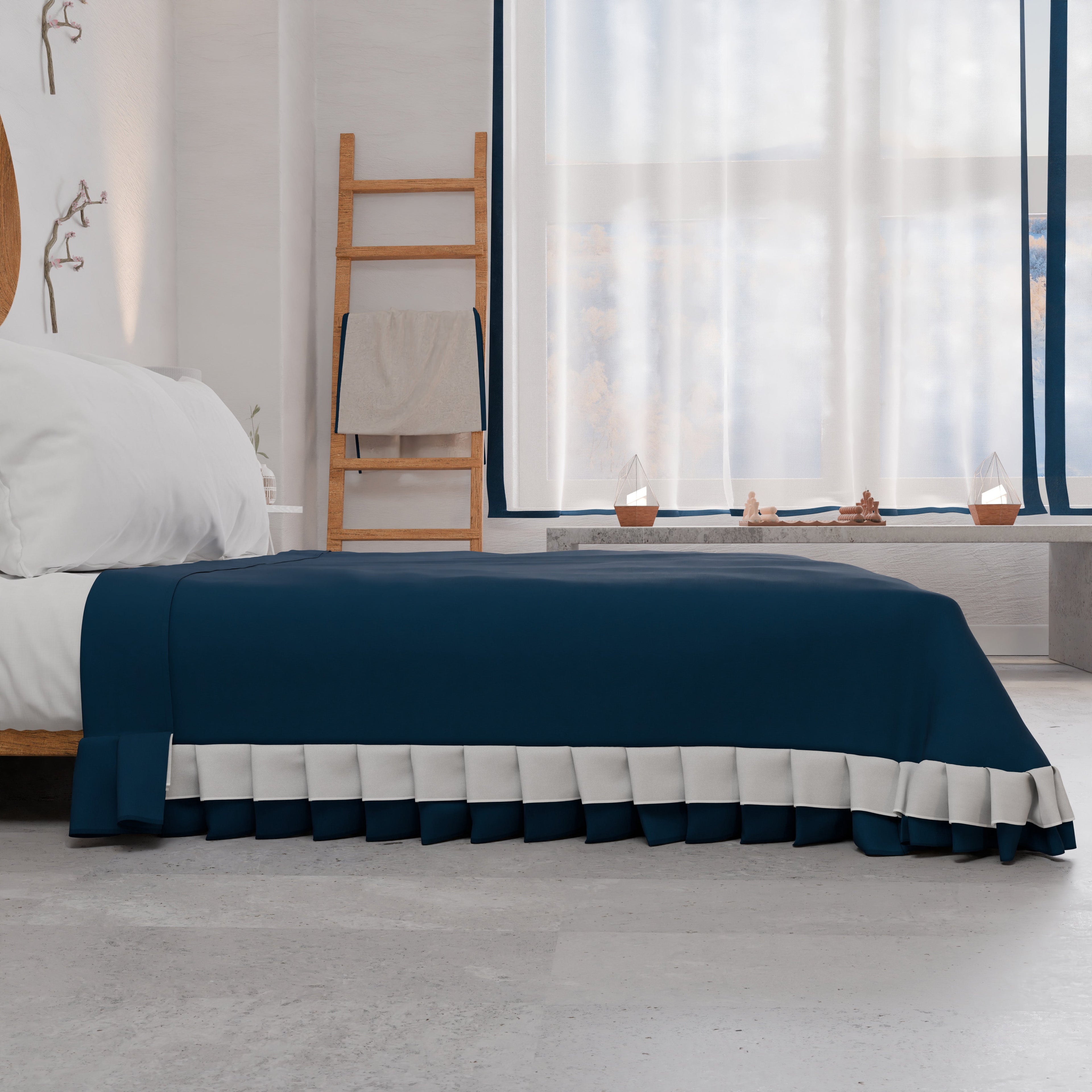 Copriletto Matrimoniale Estivo, Copriletto con Doppio Volant, Blu Notte