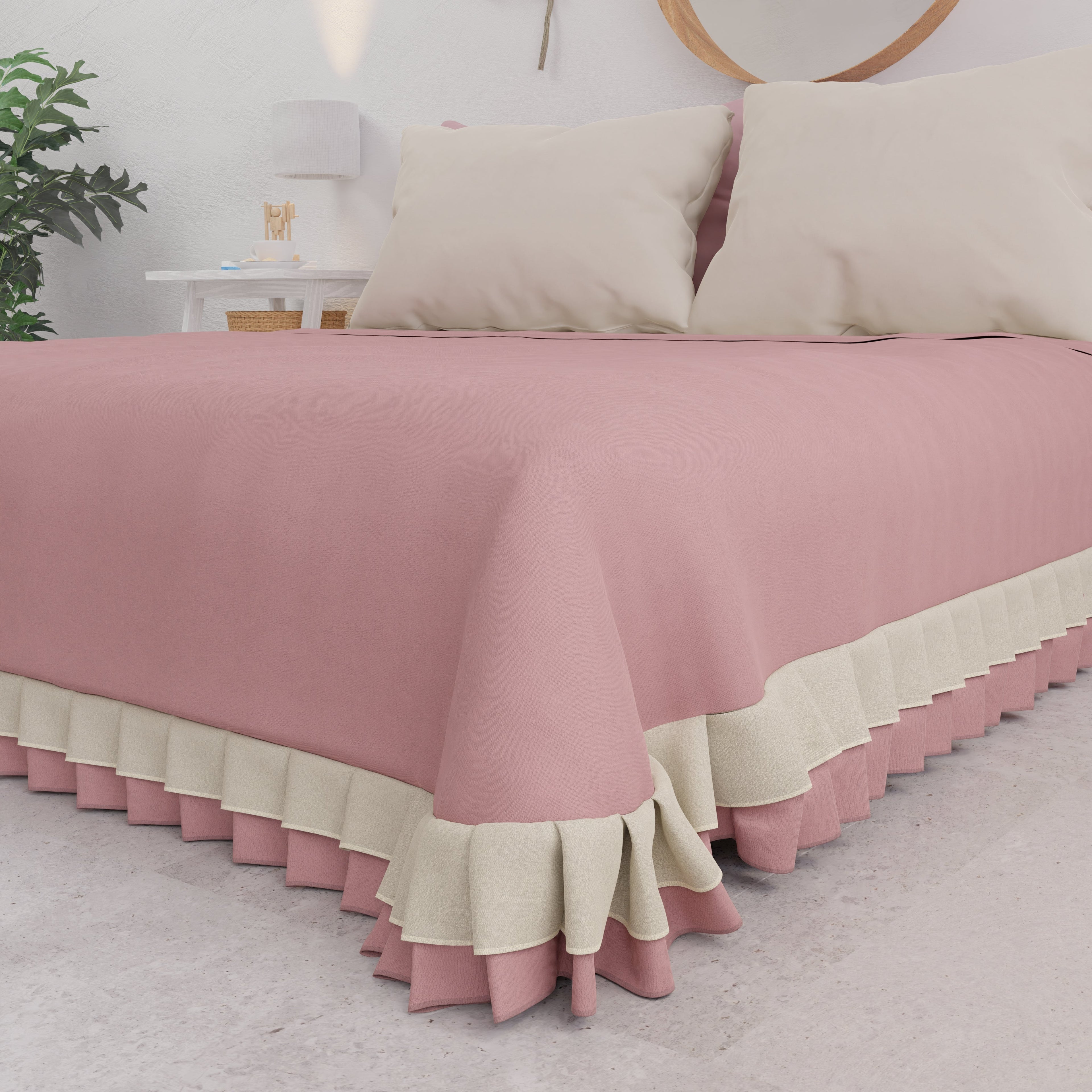 Copriletto Matrimoniale Estivo, Copriletto con Doppio Volant, Rosa