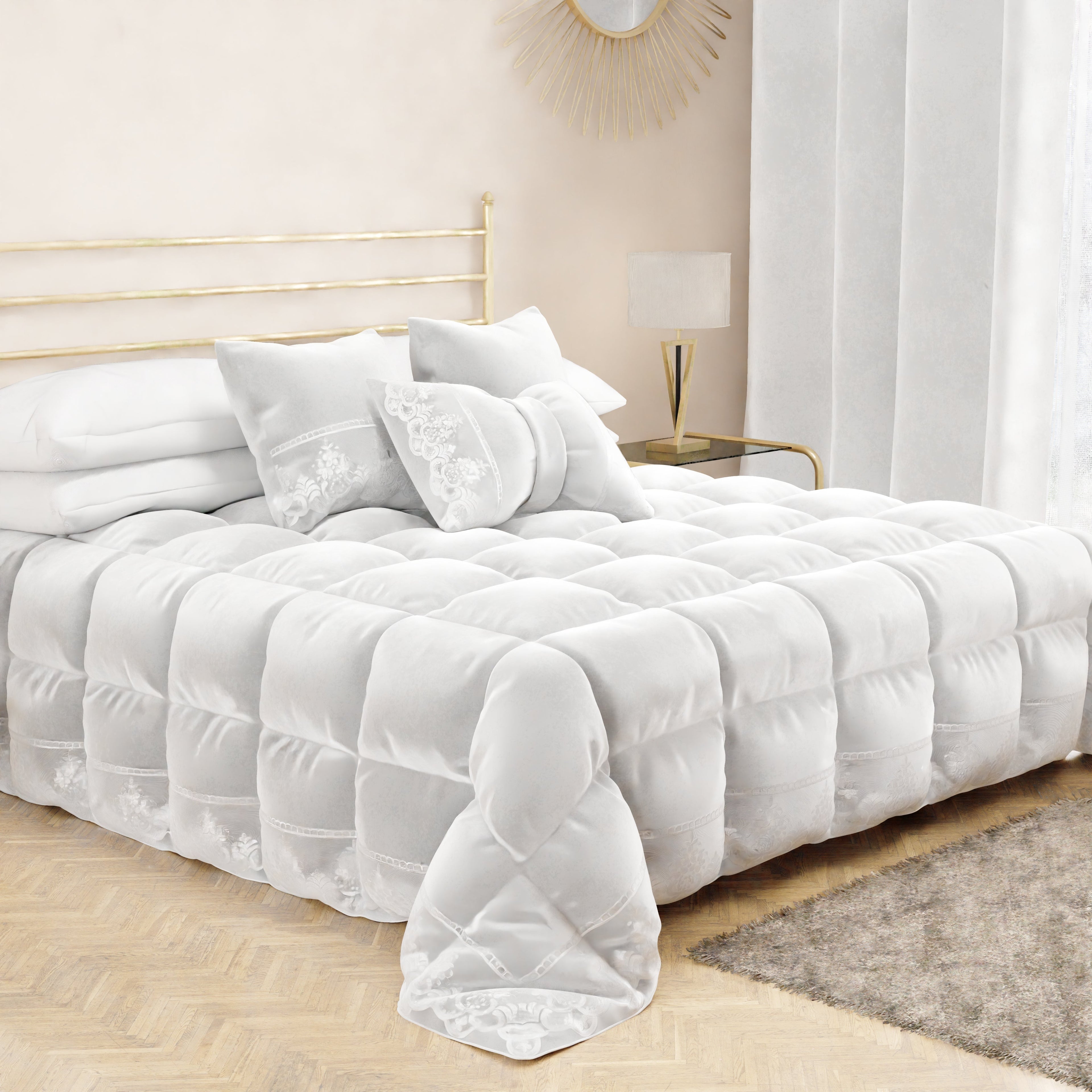 Cuscino Arredo Fiocco in Velluto e Balza con Pizzo Rebrodè 40x50 cm, Cuscino divano Bianco By Sissy