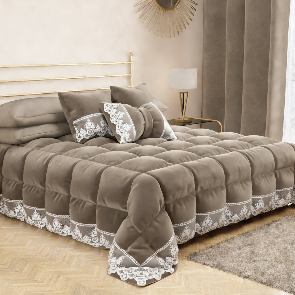 Cuscino Arredo Fiocco in Velluto e Balza con Pizzo Rebrodè 40x50 cm, Cuscino divano Fango By Sissy