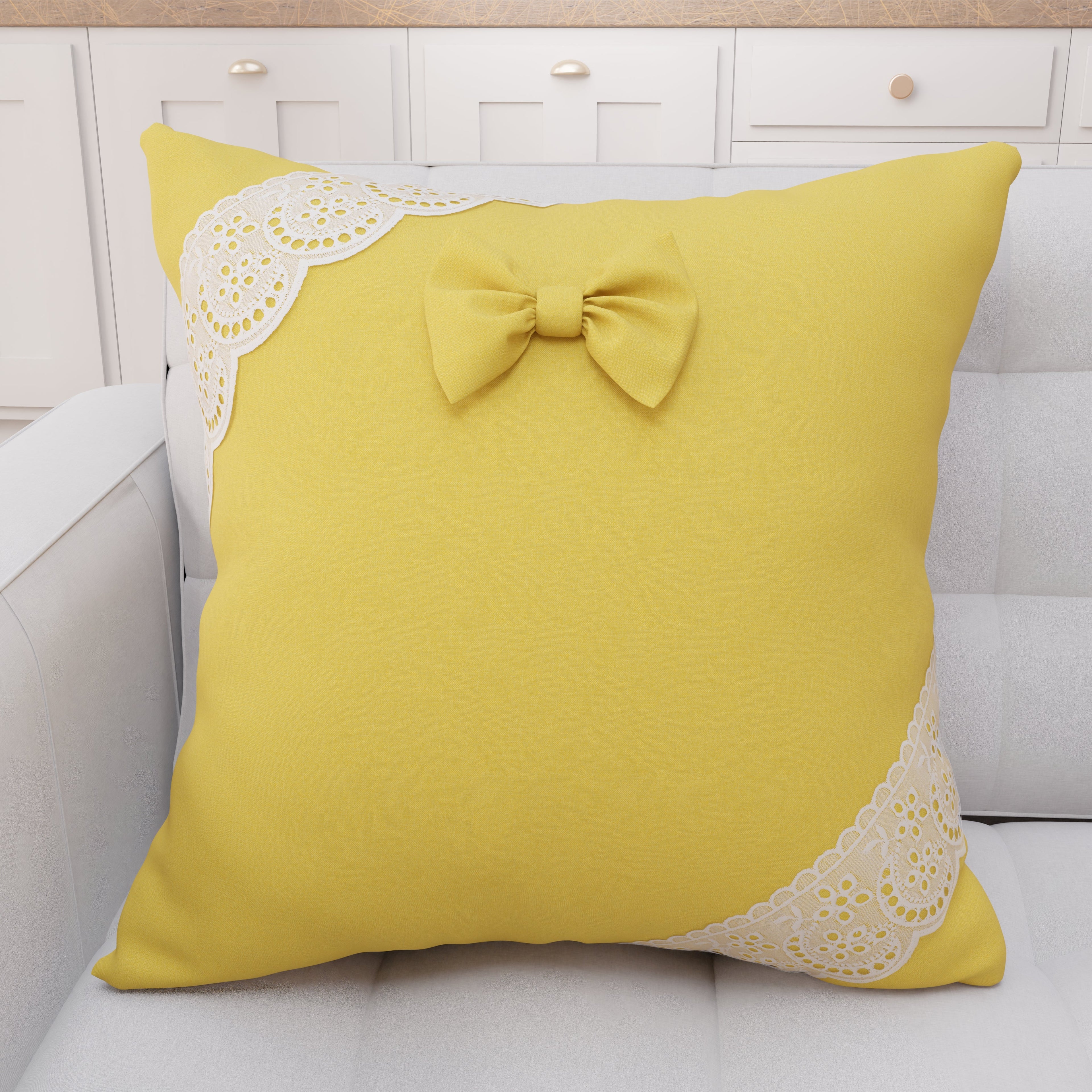 Cuscino Arredo Shabby Chic con Pizzo e Fiocchi Giallo