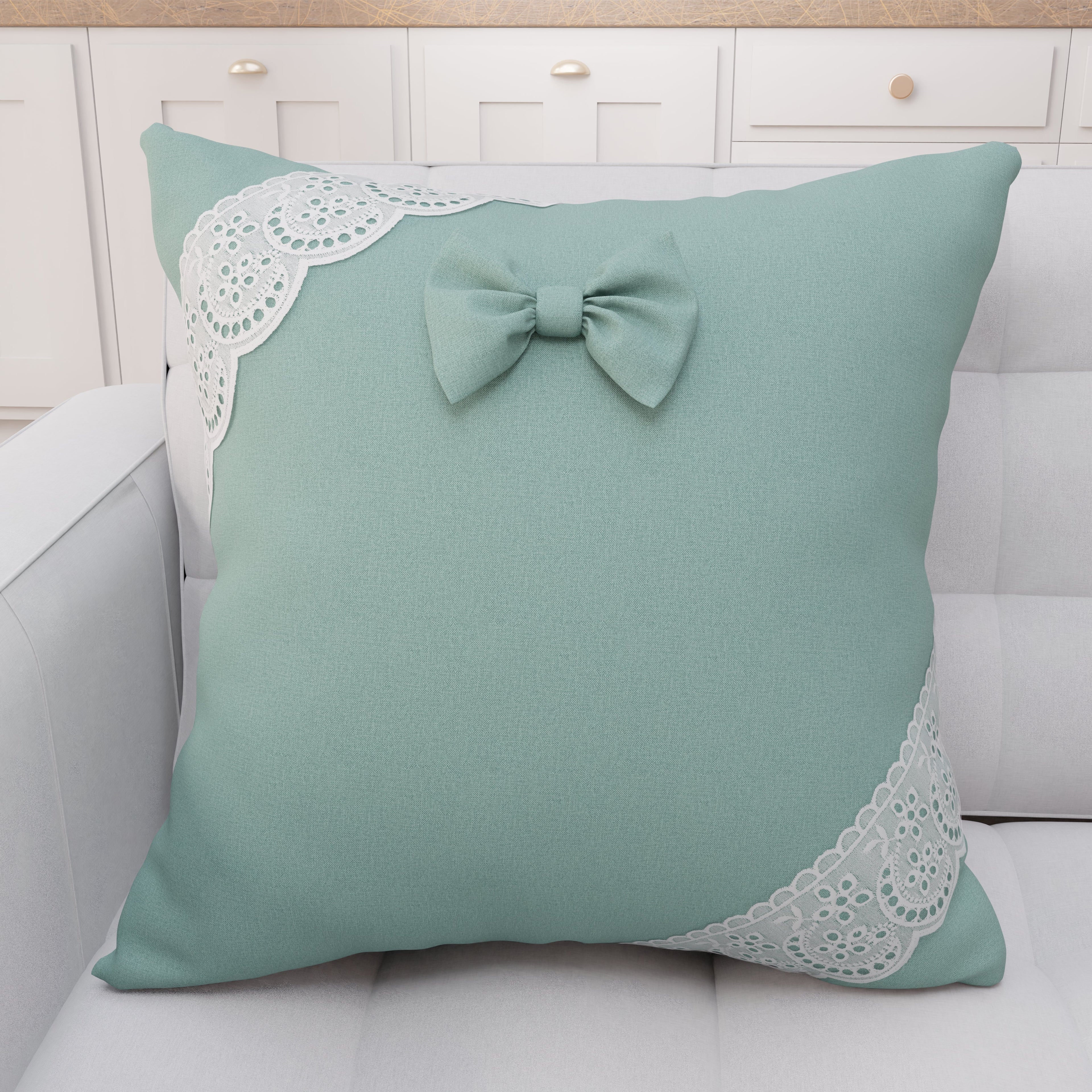 Cuscino Arredo Shabby Chic con Pizzo e Fiocchi Verde Acqua
