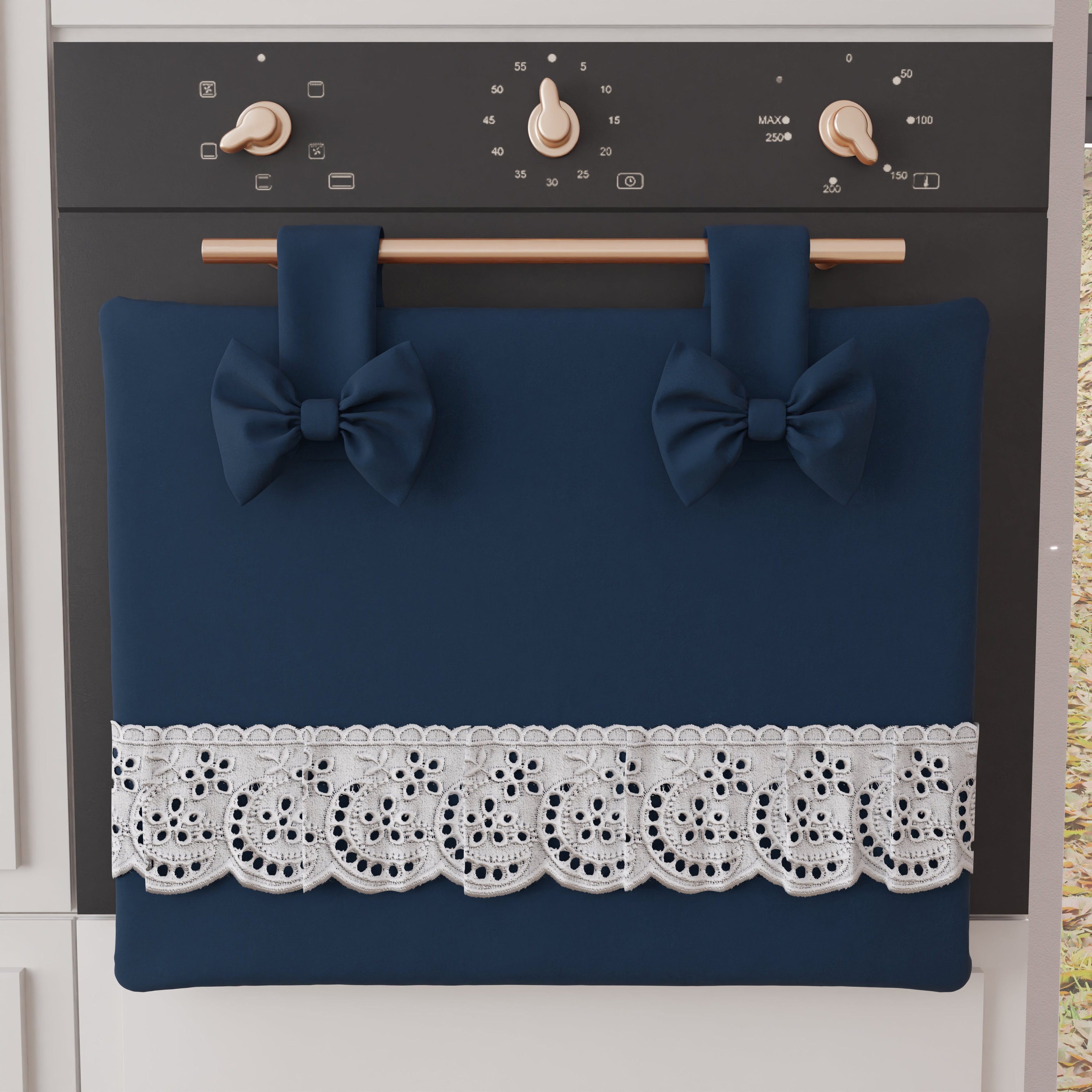 Copriforno Elegante Shabby Chic con Pizzo e Fiocchi Blu Notte