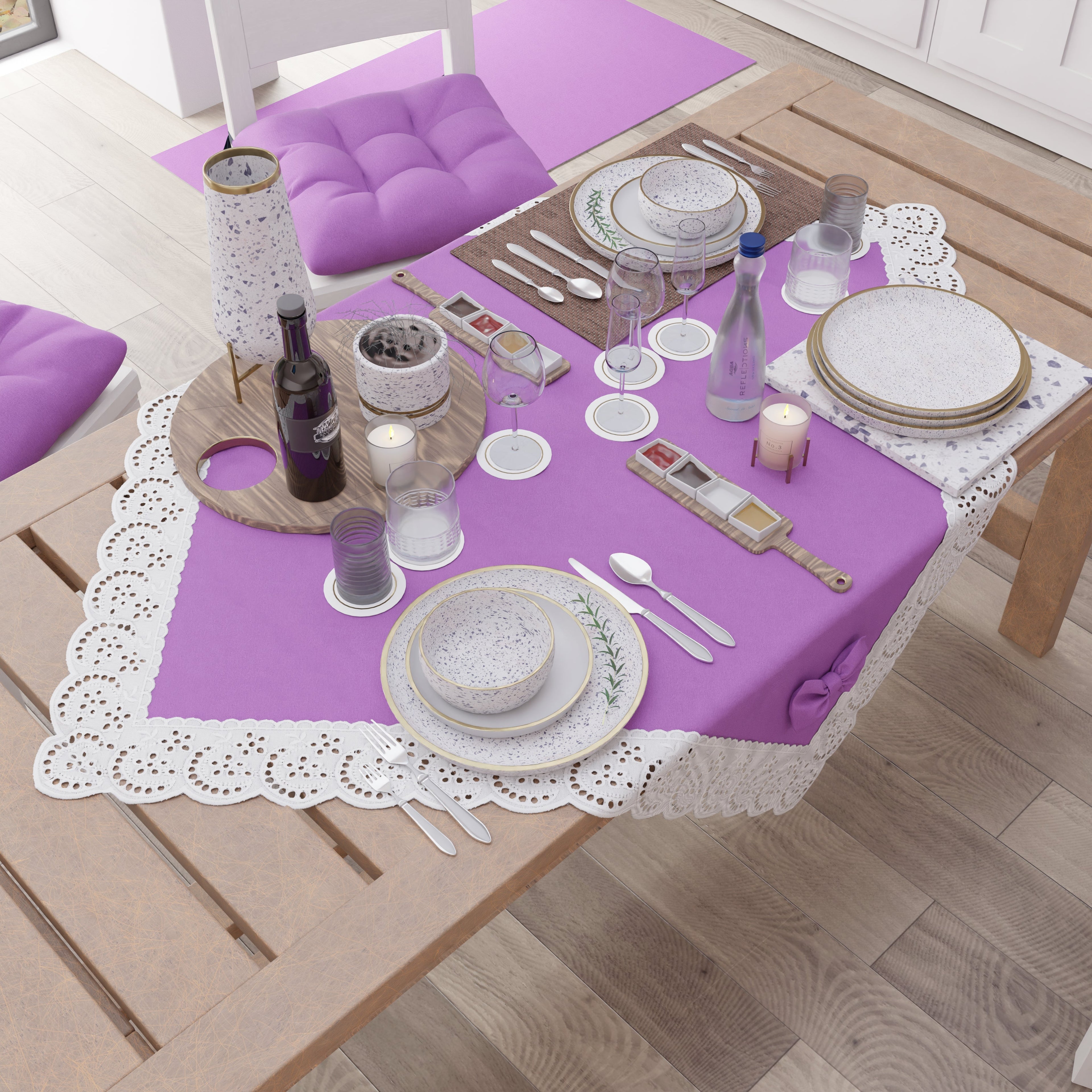 Centrotavola Cucina Elegante Shabby Chic con Pizzo e Fiocchi Lilla
