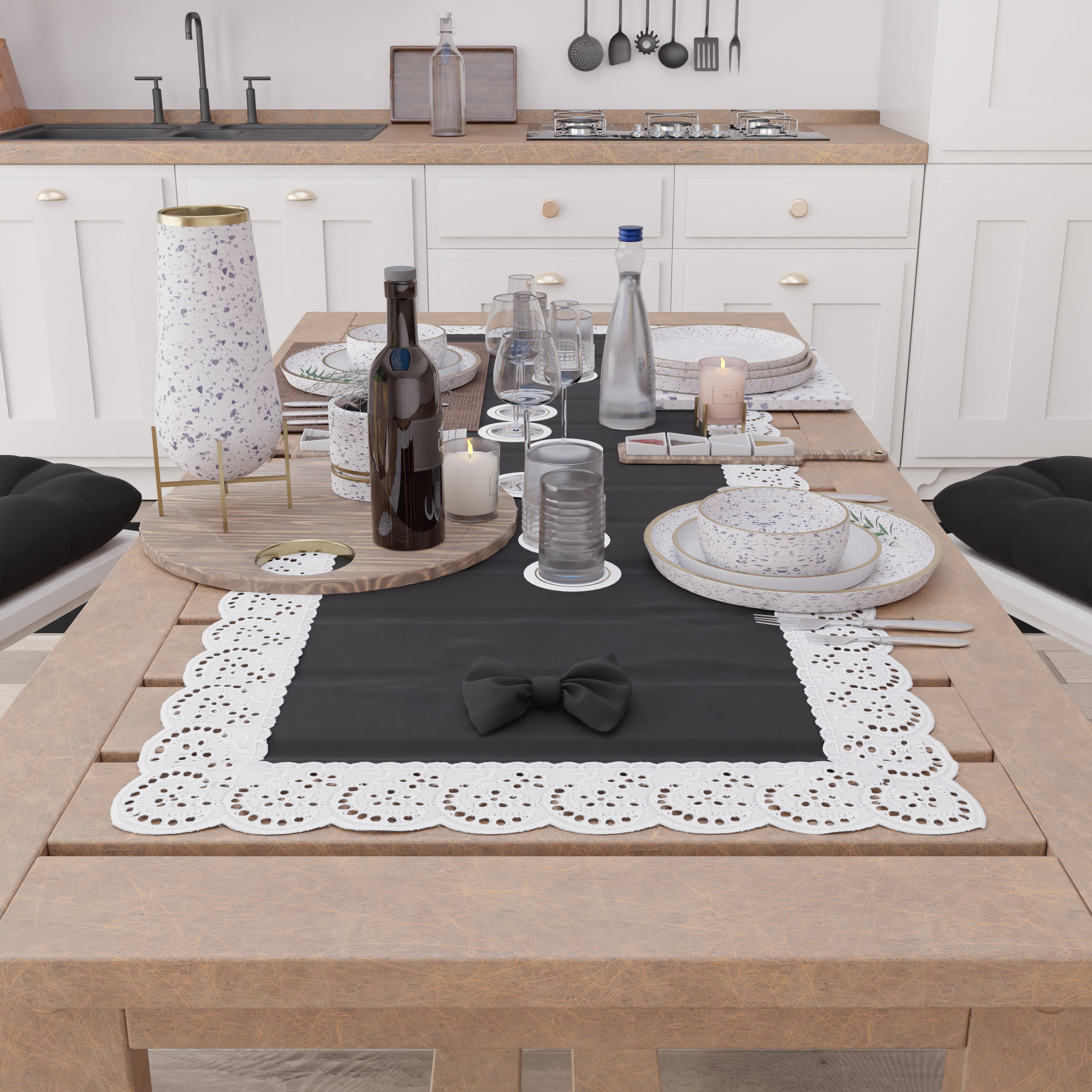 Runner da Tavolo Elegante Shabby Chic con Pizzo e Fiocchi Nero