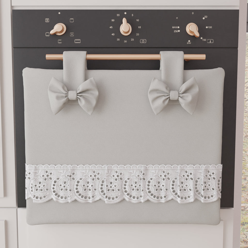 Copriforno Elegante Shabby Chic con Pizzo e Fiocchi Grigio Chiaro
