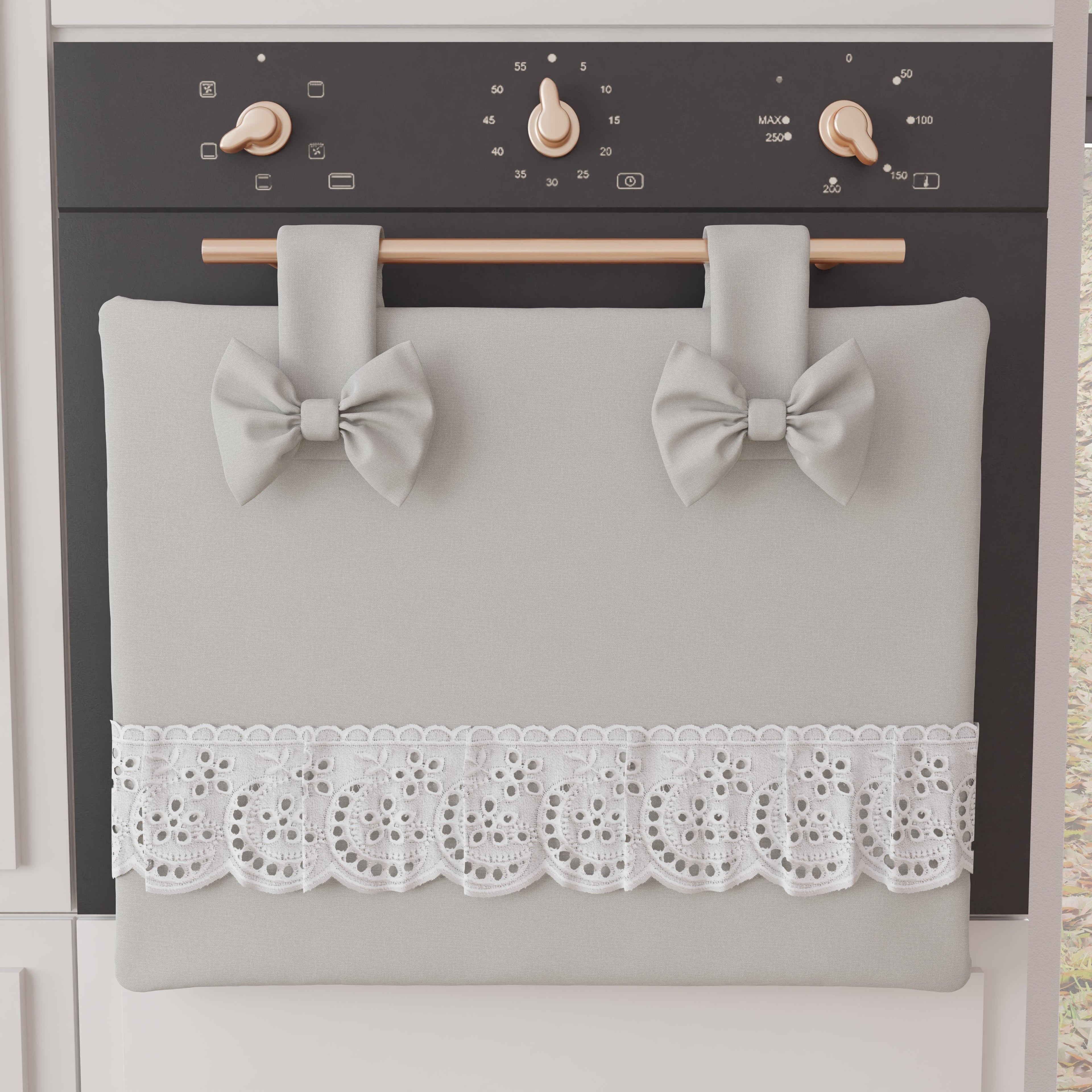 Copriforno Elegante Shabby Chic con Pizzo e Fiocchi Grigio Chiaro