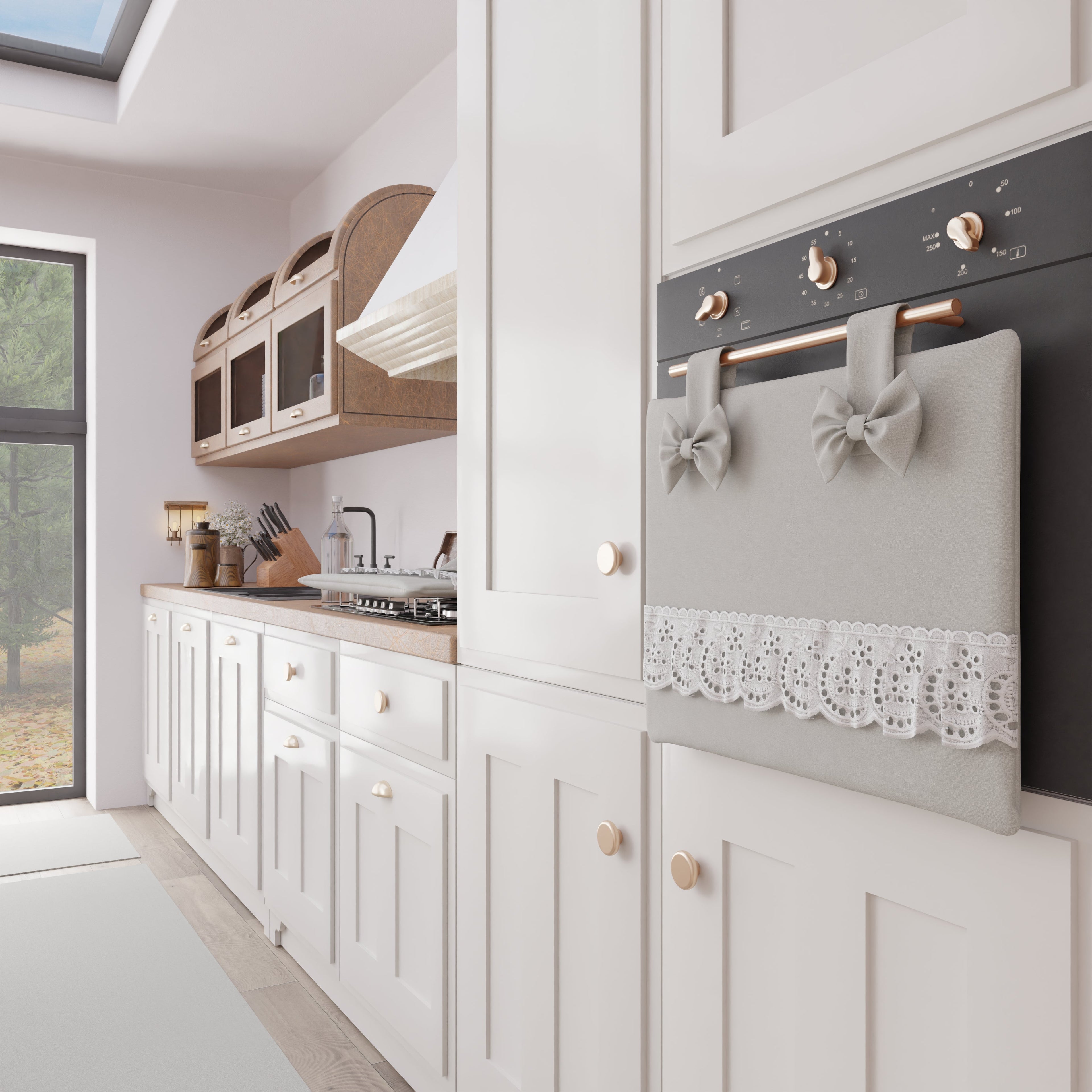 Copriforno Elegante Shabby Chic con Pizzo e Fiocchi Grigio Chiaro