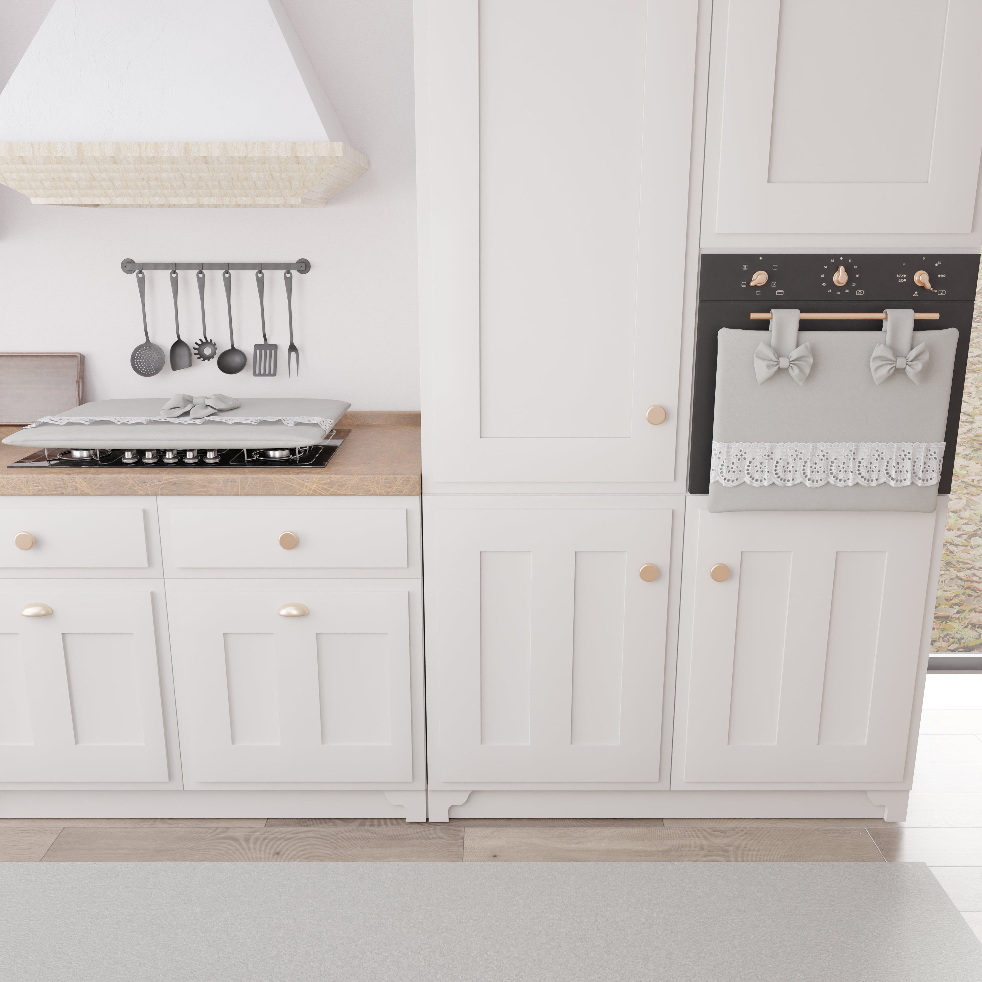 Coprifornello Coprifuochi Shabby Chic con Pizzo e Fiocco Grigio Chiaro