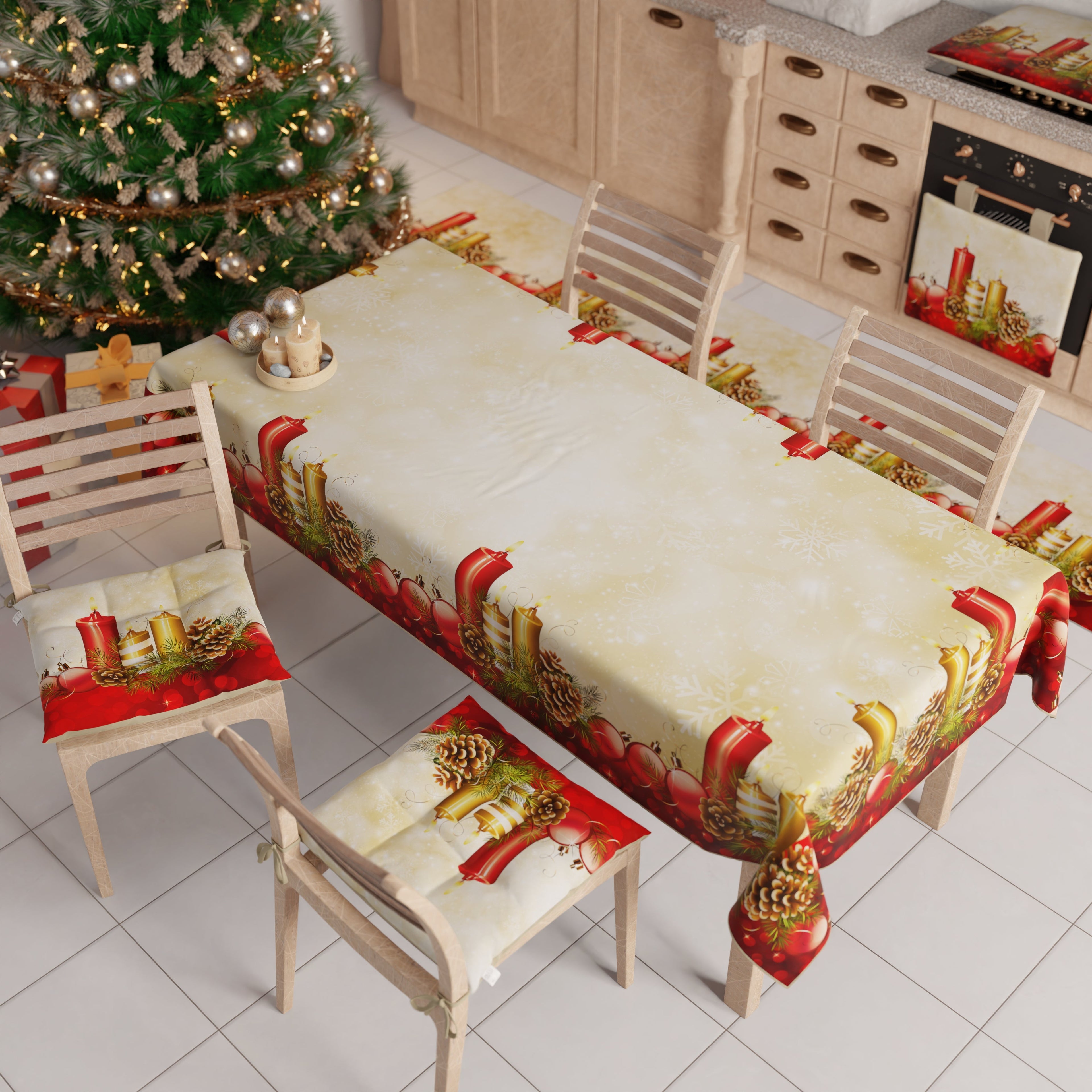 Tovaglia Natalizia, Tovaglia da tavola Antimacchia, Copritavolo da Cucina Candele