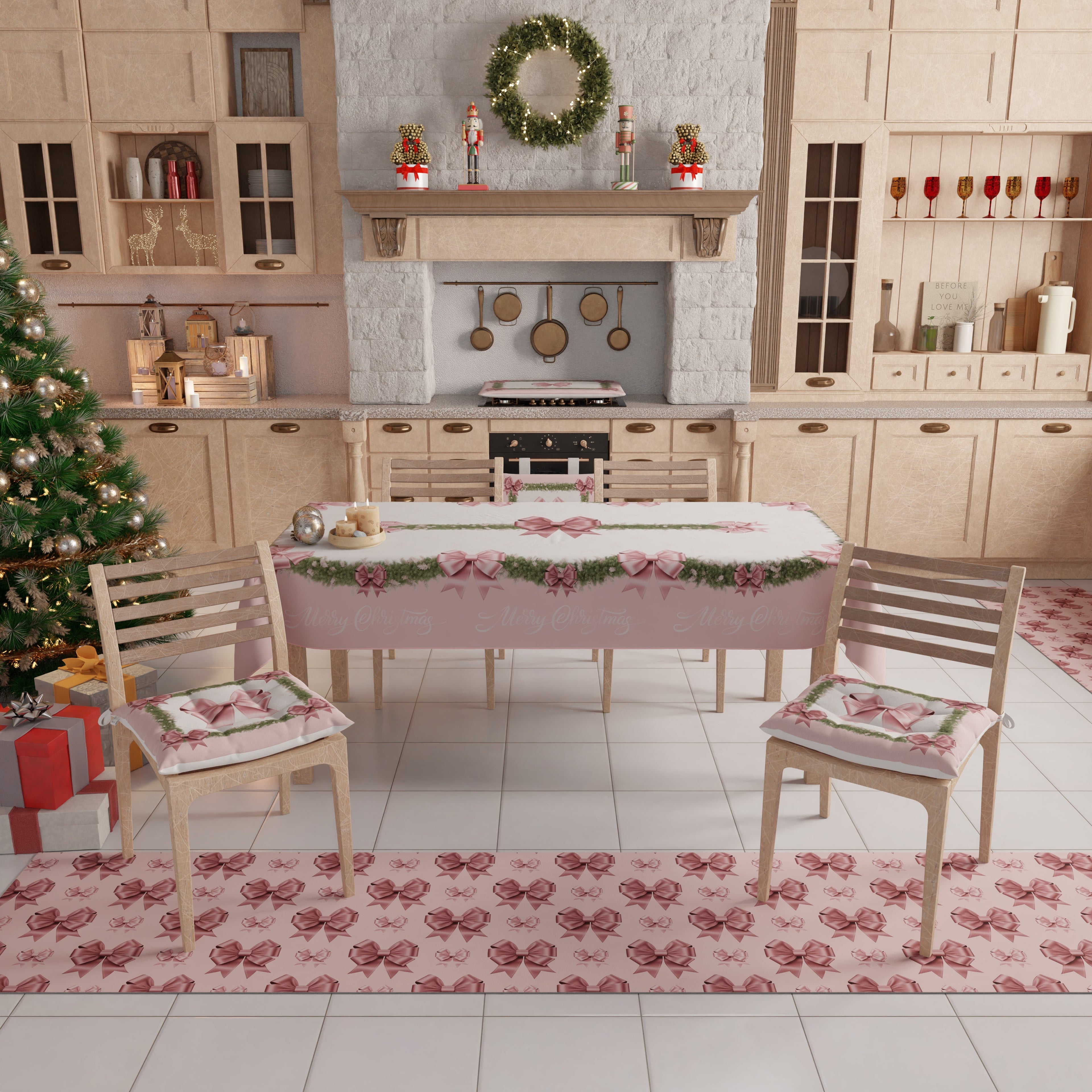 Tovaglia Natalizia, Tovaglia da tavola Antimacchia, Copritavolo da Cucina Fiocco Rosa Piume