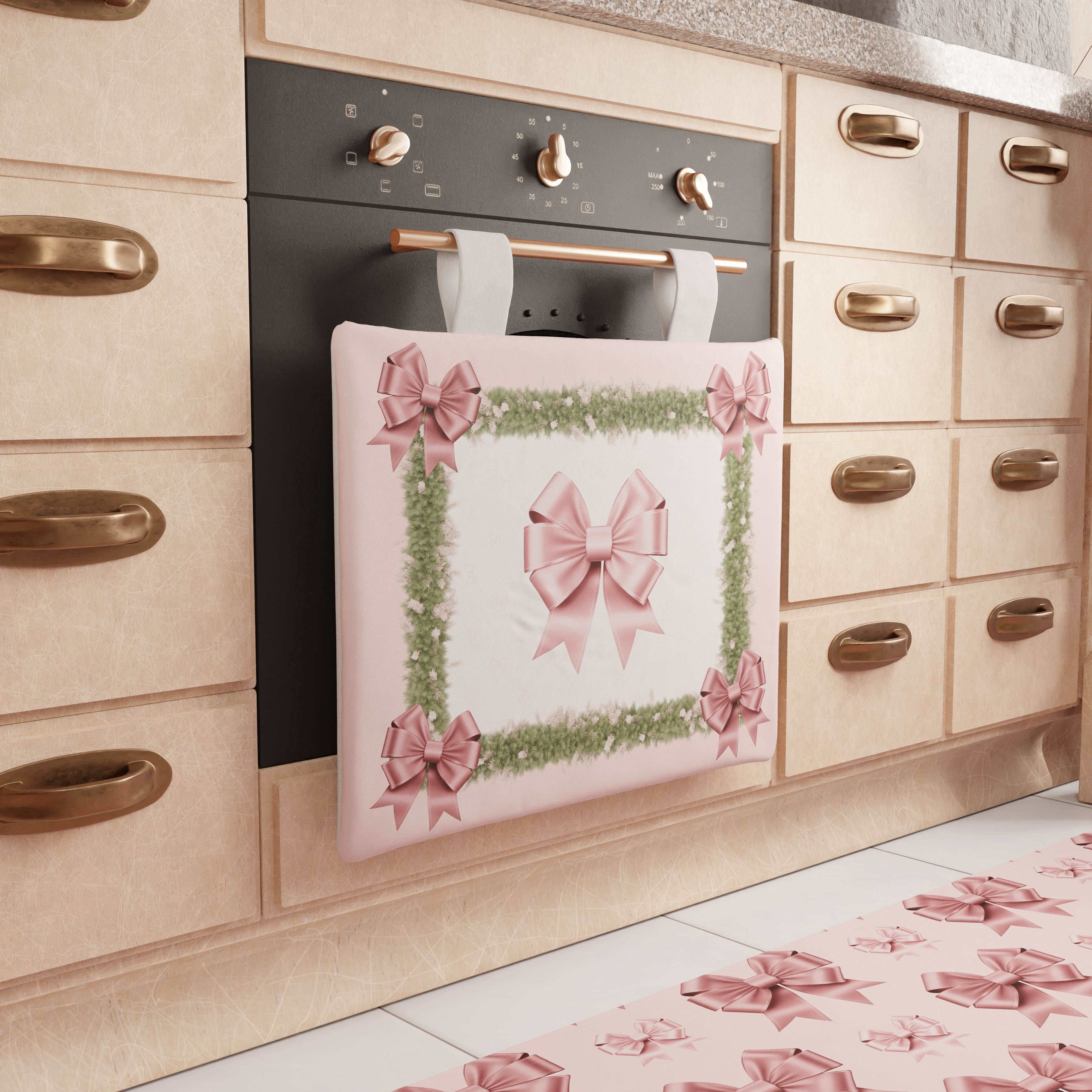 Copriforno Natalizio per Cucina in Stampa Digitale Fiocco Rosa Piume