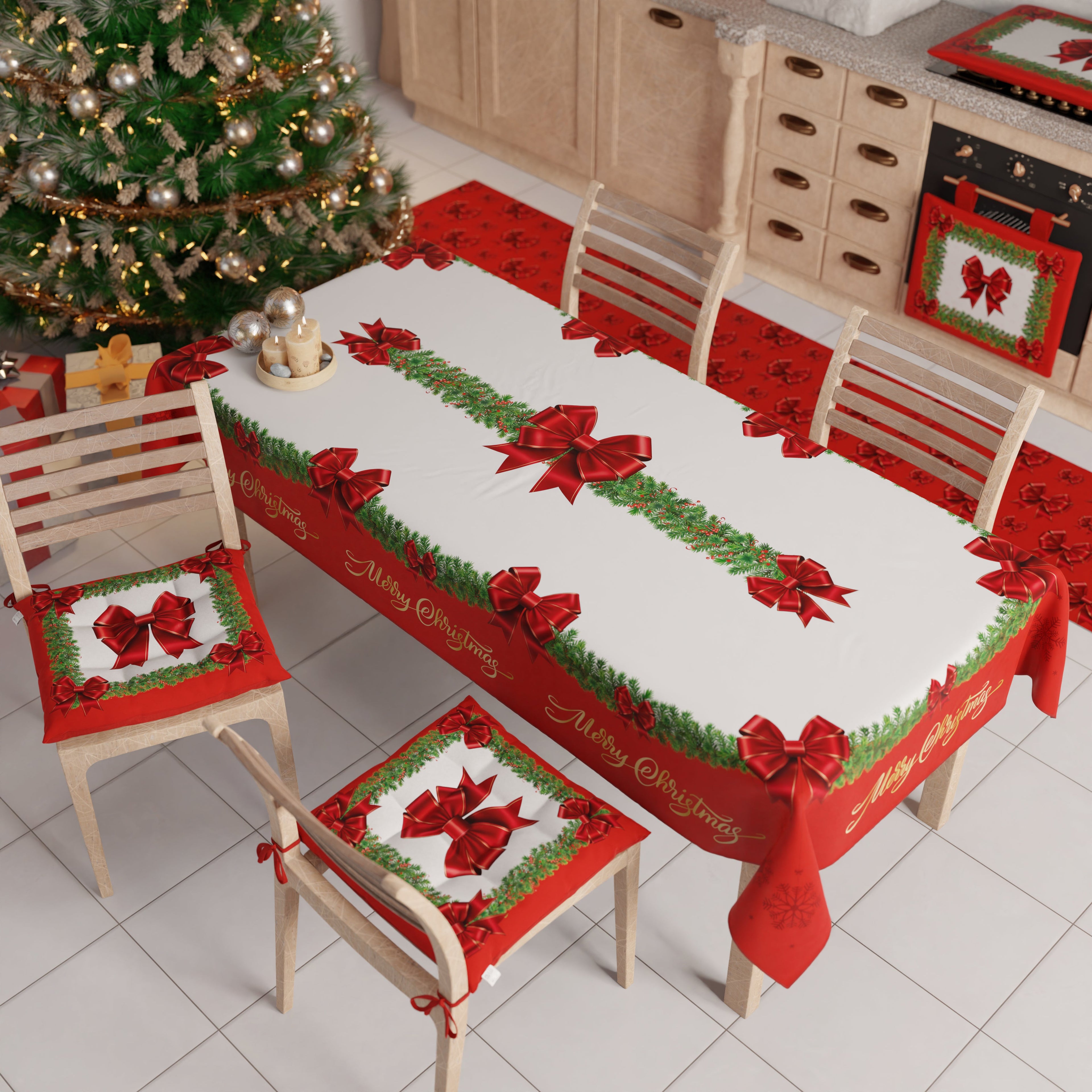 Tovaglia Natalizia, Tovaglia da tavola Antimacchia, Copritavolo da Cucina Fiocco Rosso