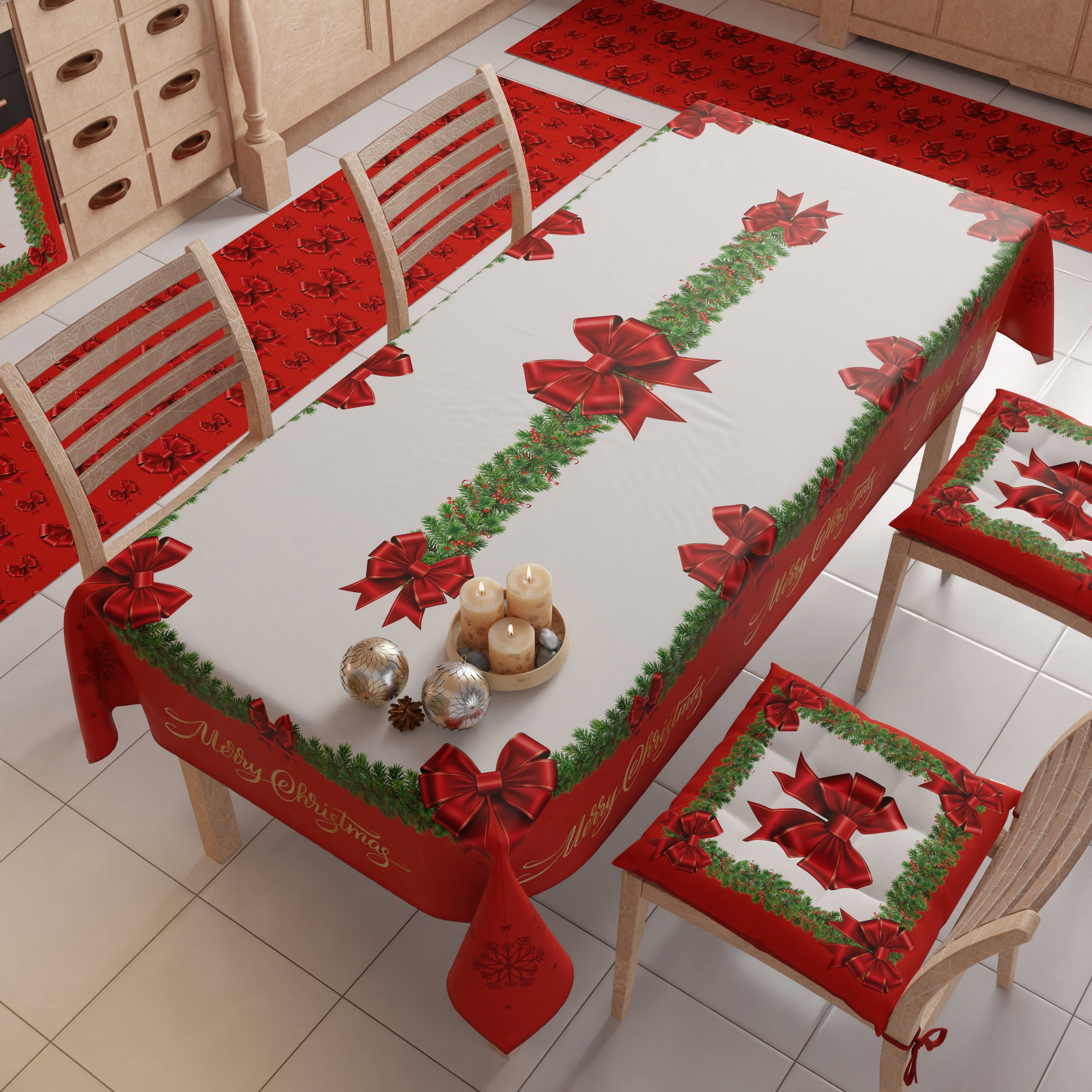 Tovaglia Natalizia, Tovaglia da tavola Antimacchia, Copritavolo da Cucina Fiocco Rosso