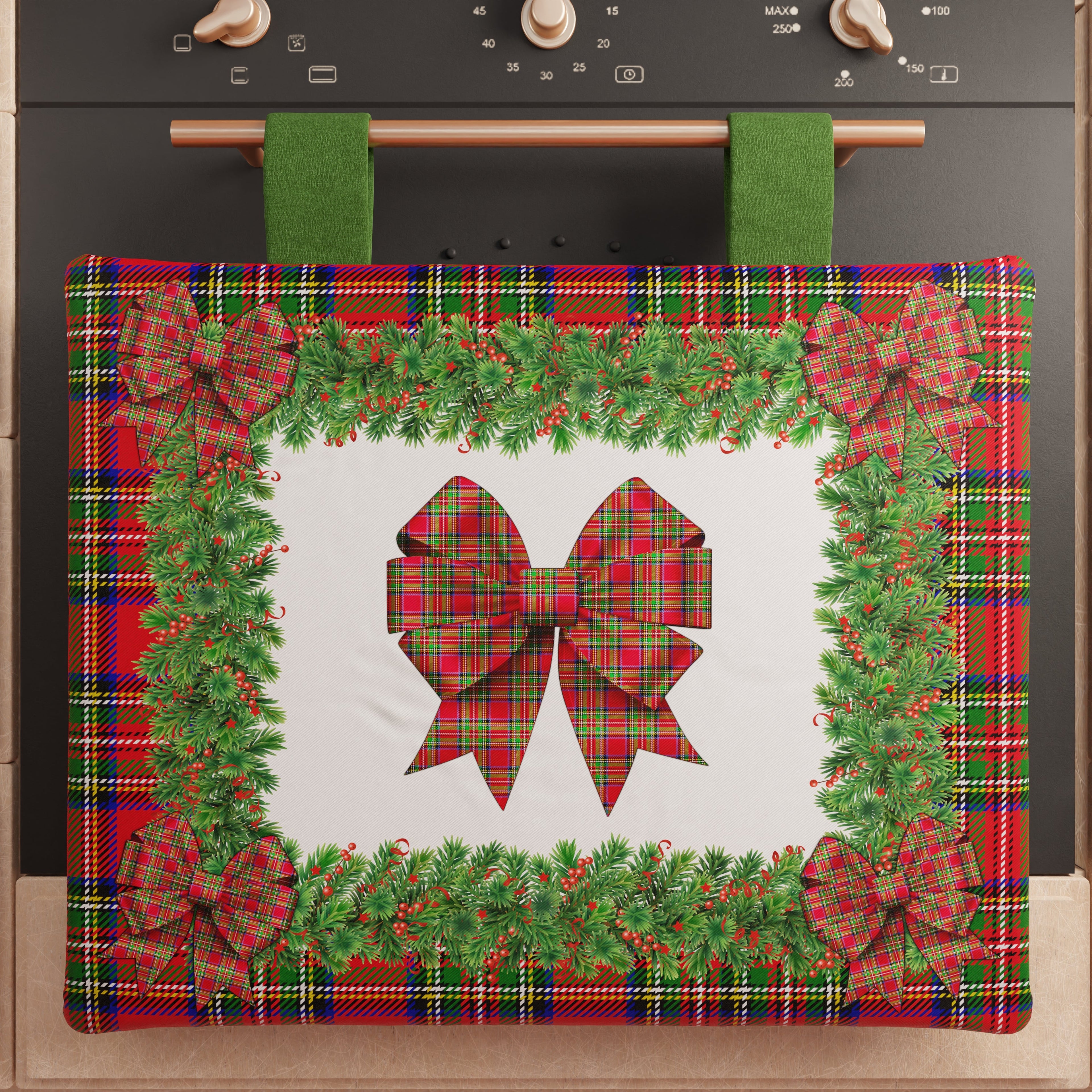 Copriforno Natalizio per Cucina in Stampa Digitale Fiocco Tartan, Fantasia Scozzese
