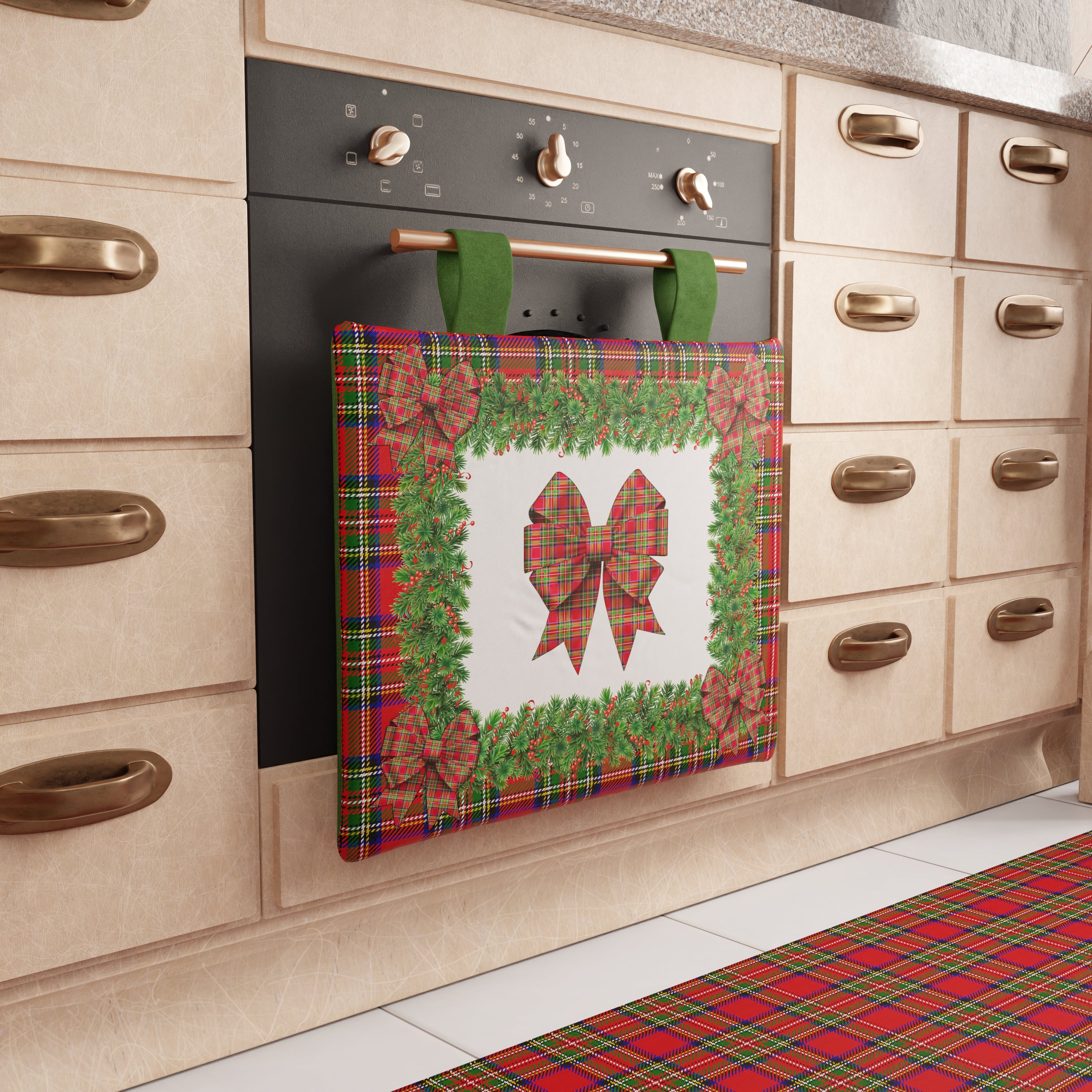 Copriforno Natalizio per Cucina in Stampa Digitale Fiocco Tartan, Fantasia Scozzese